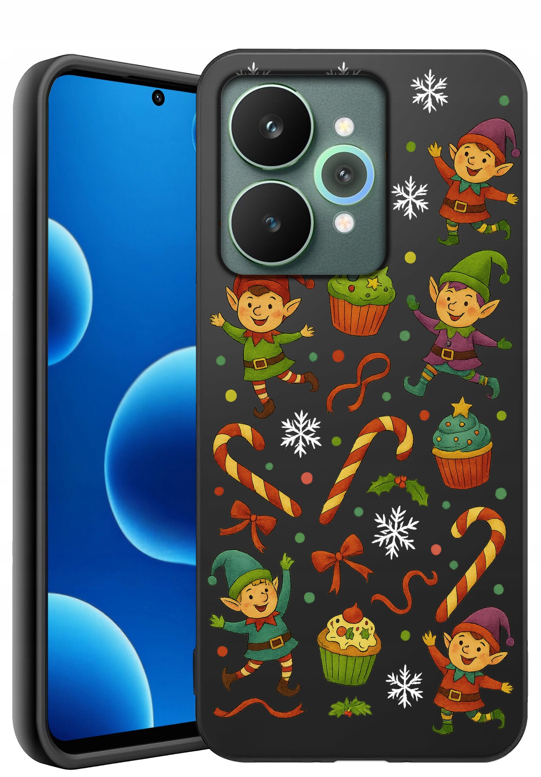 Etui na telefon z kolorowym wzorem przedstawiającym elfy, cukierki, babeczki i śnieżynki na ciemnym tle. Obok etui widoczny jest telefon z wyświetlaczem pokazującym niebieskie bąbelki.