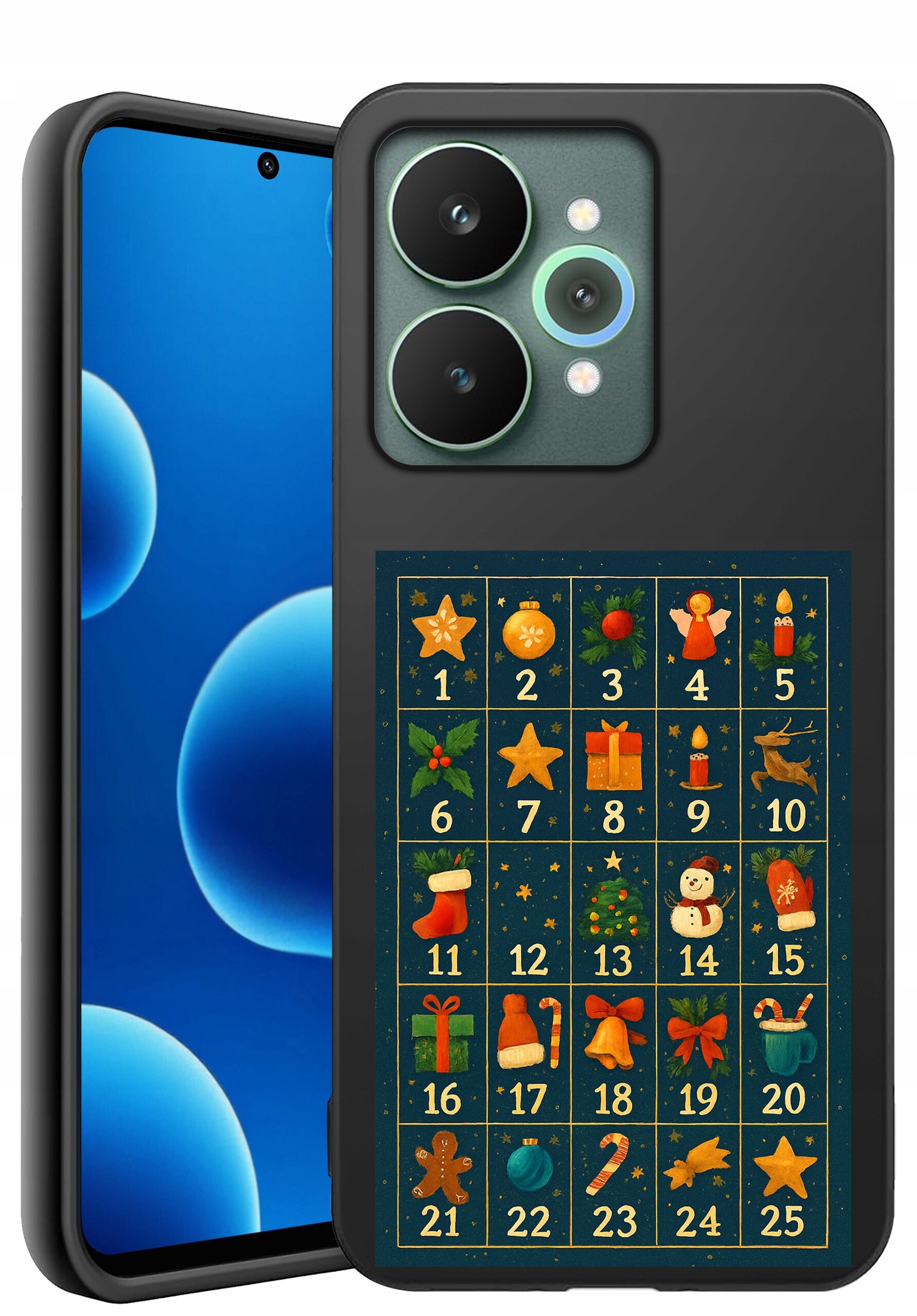 Etui na telefon z motywem świątecznym, przedstawiające kalendarz adwentowy z numerami od 1 do 25 i różnymi świątecznymi symbolami. Obok widoczny jest telefon z wyświetlaczem pokazującym niebieskie bąbelki na czarnym tle.