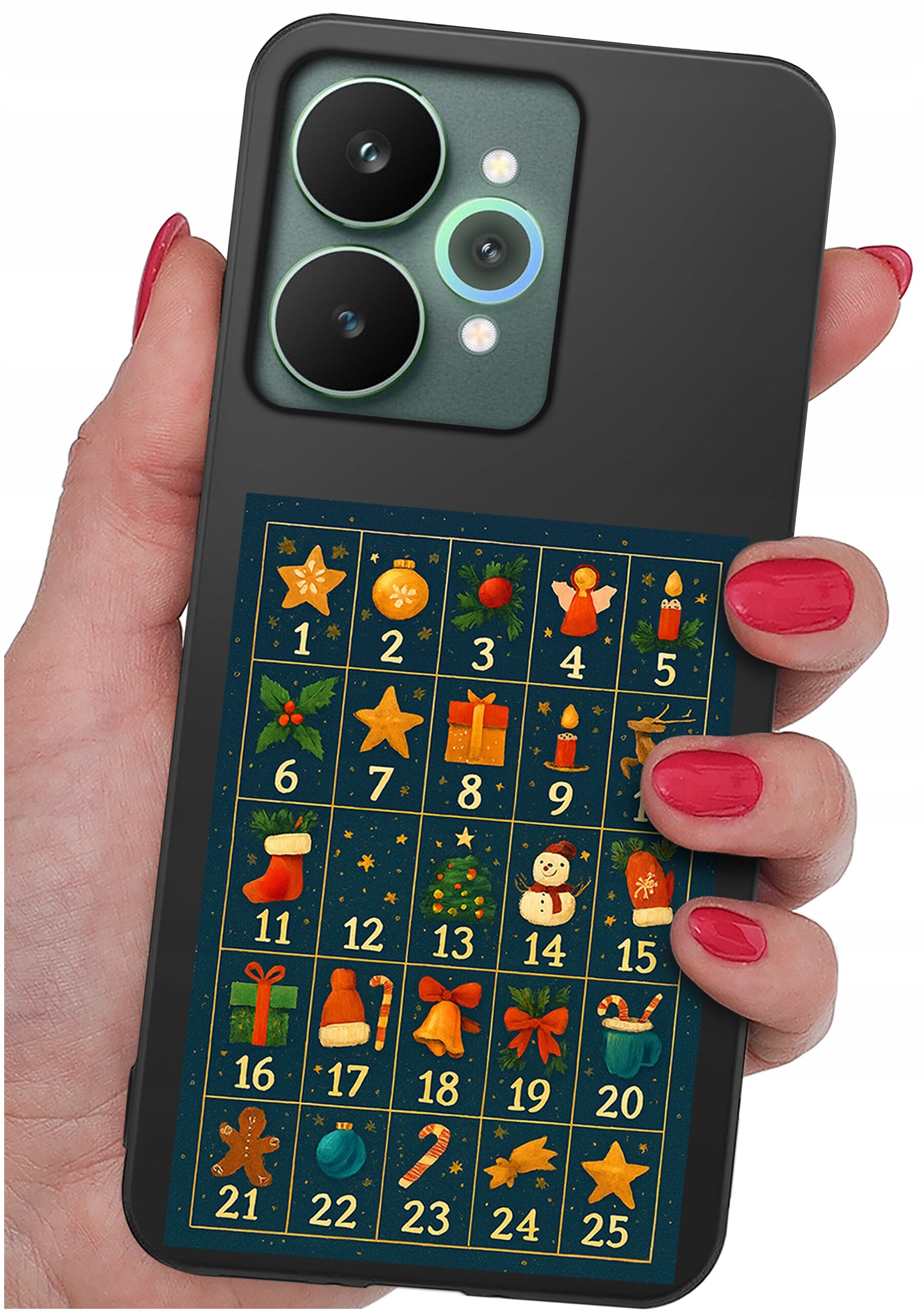 Osoba trzyma telefon z czarnym etui, na którym znajduje się kolorowy wzór przypominający kalendarz adwentowy z numerami od 1 do 25 i świątecznymi symbolami.