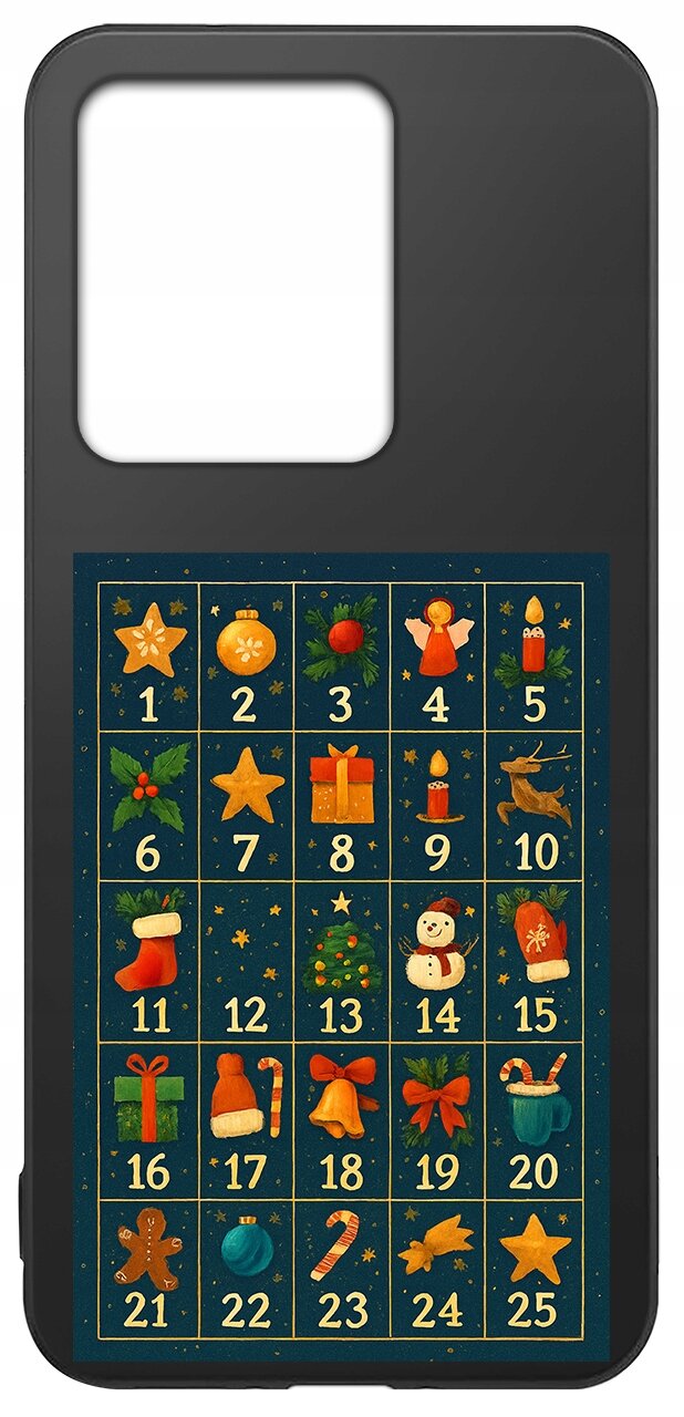 Etui na telefon z motywem świątecznym, przedstawiające kalendarz adwentowy z numerami od 1 do 25 oraz różnymi świątecznymi symbolami, takimi jak gwiazdki, prezenty, aniołki i bałwanki.