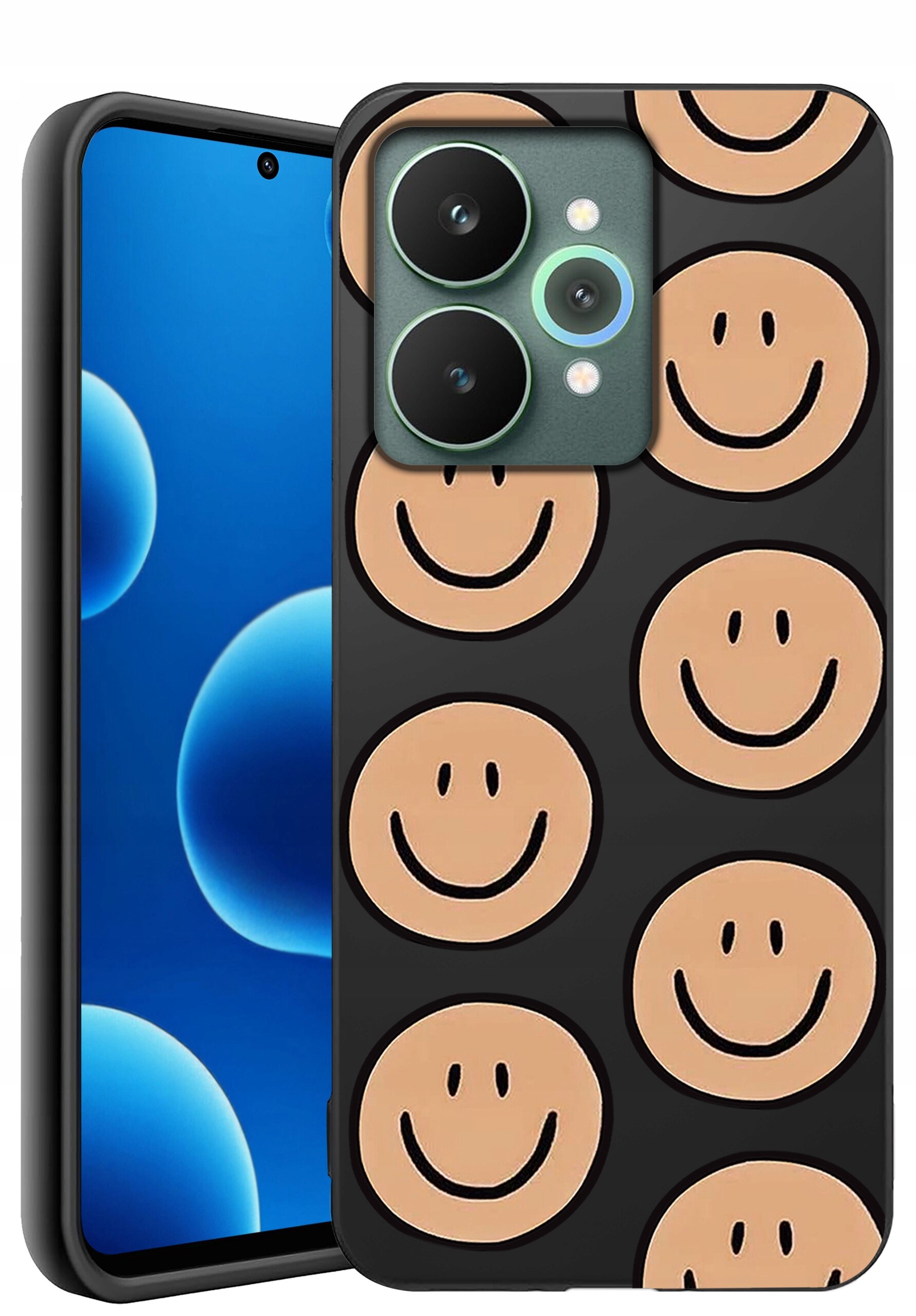 Etui na telefon z czarnym tłem ozdobione wzorem uśmiechniętych buziek w kolorze beżowym. Obok widoczny jest telefon z niebieskim ekranem z okrągłymi kształtami.
