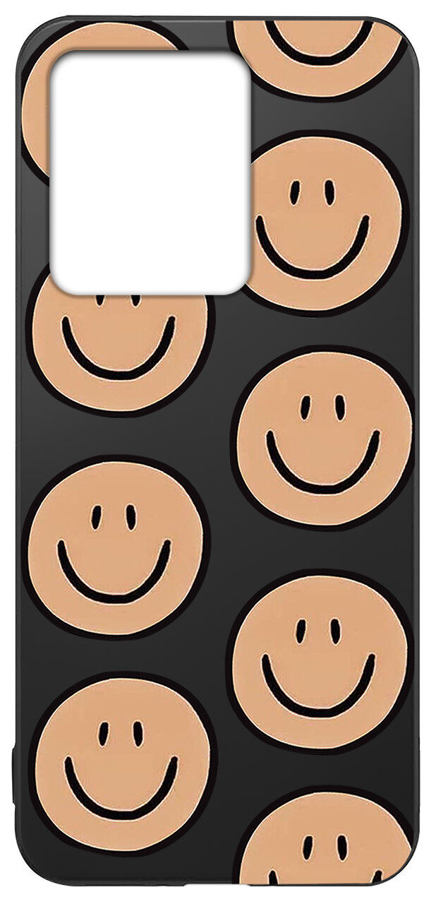 Czarne etui z wzorem beżowych uśmiechniętych buziek rozmieszczonych równomiernie na całej powierzchni. Etui ma duży otwór na aparat w górnej części.