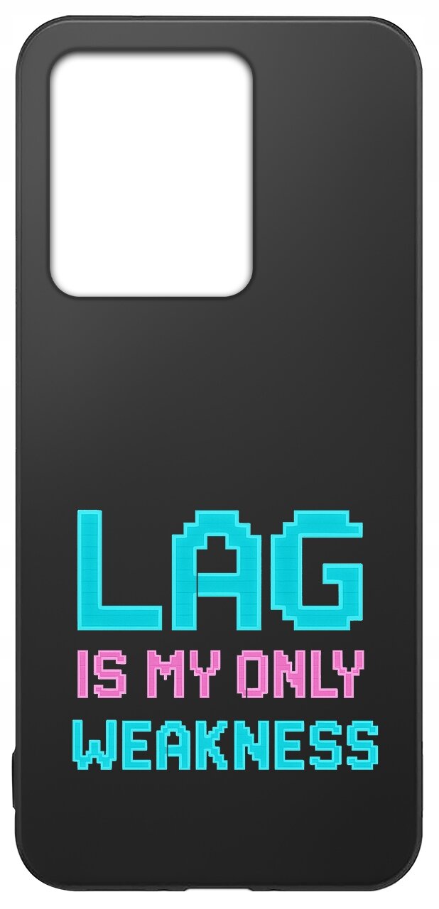 Czarne etui na telefon z wycięciem na aparat, ozdobione napisem \'LAG IS MY ONLY WEAKNESS\' w kolorach niebieskim i różowym.