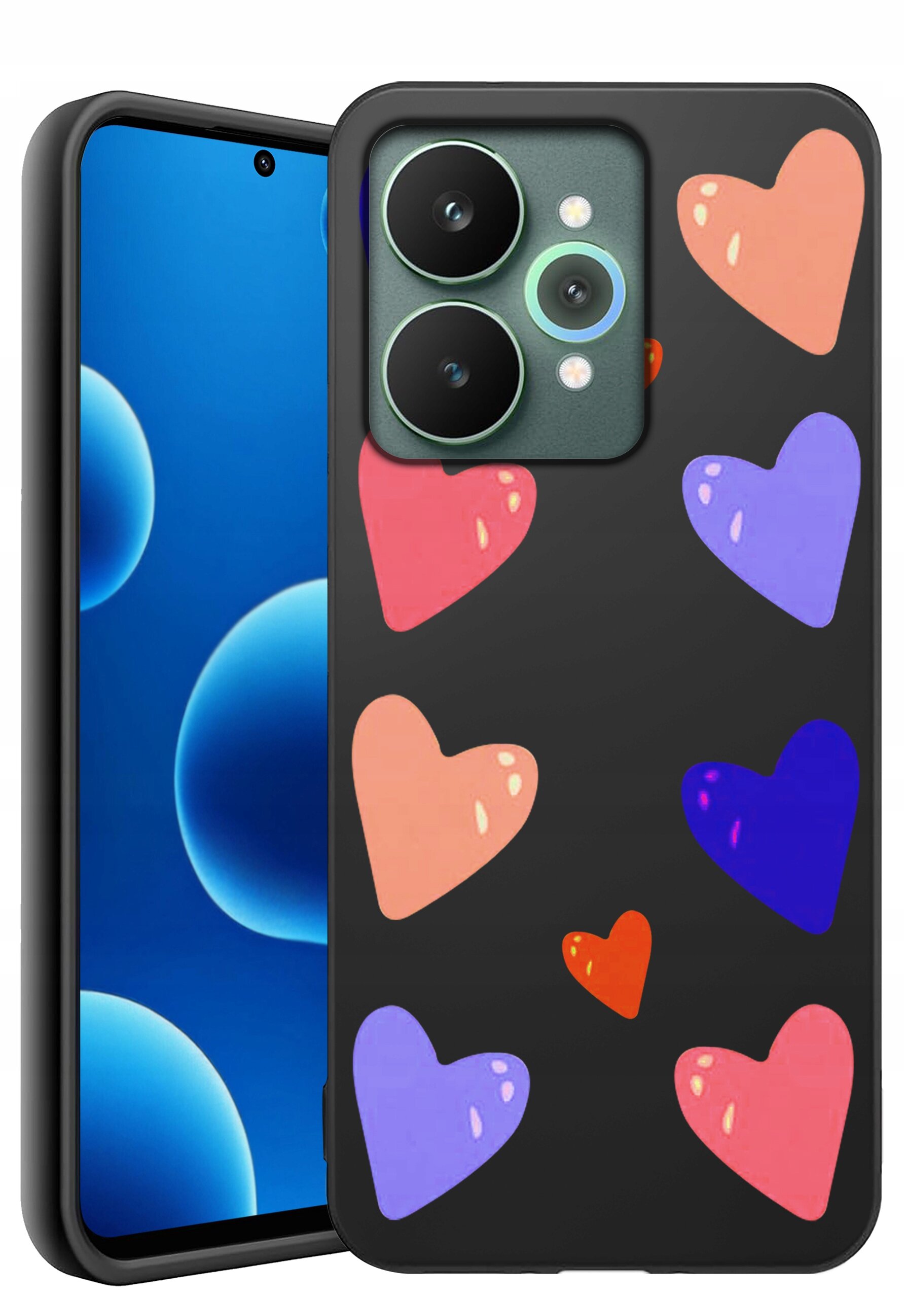 Na obrazie widoczne jest etui na telefon z kolorowymi sercami na czarnym tle. Obok znajduje się telefon z wyświetlaczem pokazującym niebieskie bąbelki na ciemnym tle.