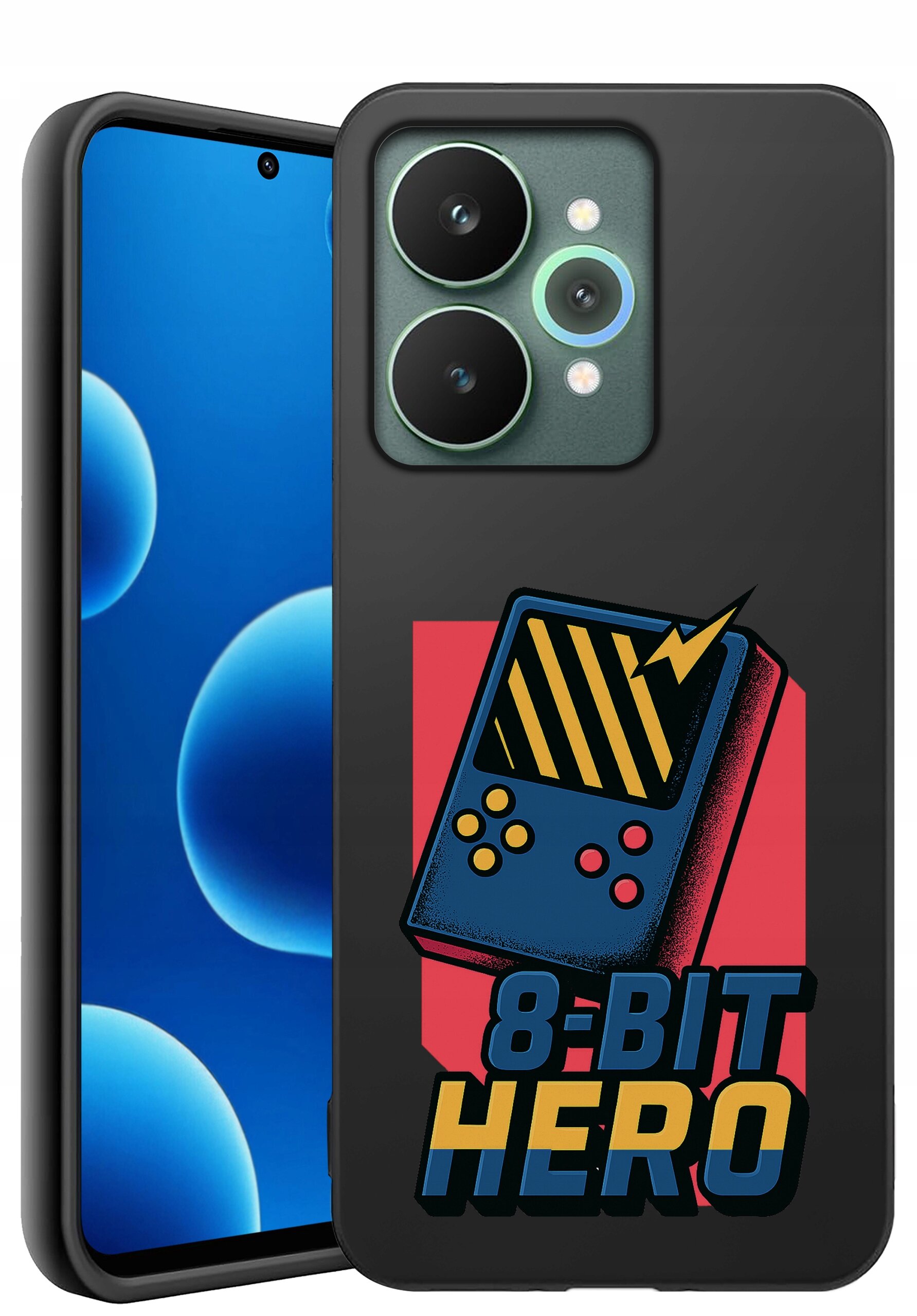 Etui na telefon z grafiką przedstawiającą retro konsolę do gier i napis \'8-BIT HERO\'.