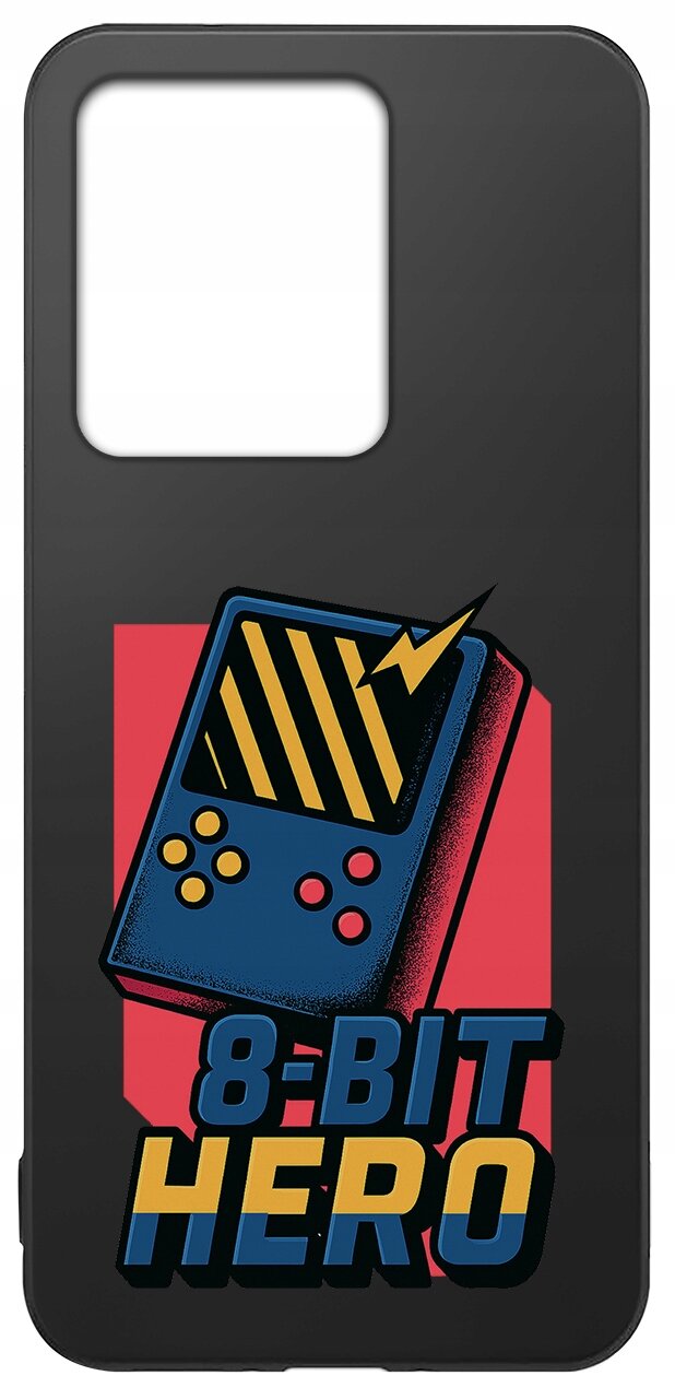 Czarne etui z grafiką przedstawiającą niebieską konsolę do gier z żółtymi przyciskami i napisem \'8-BIT HERO\'.