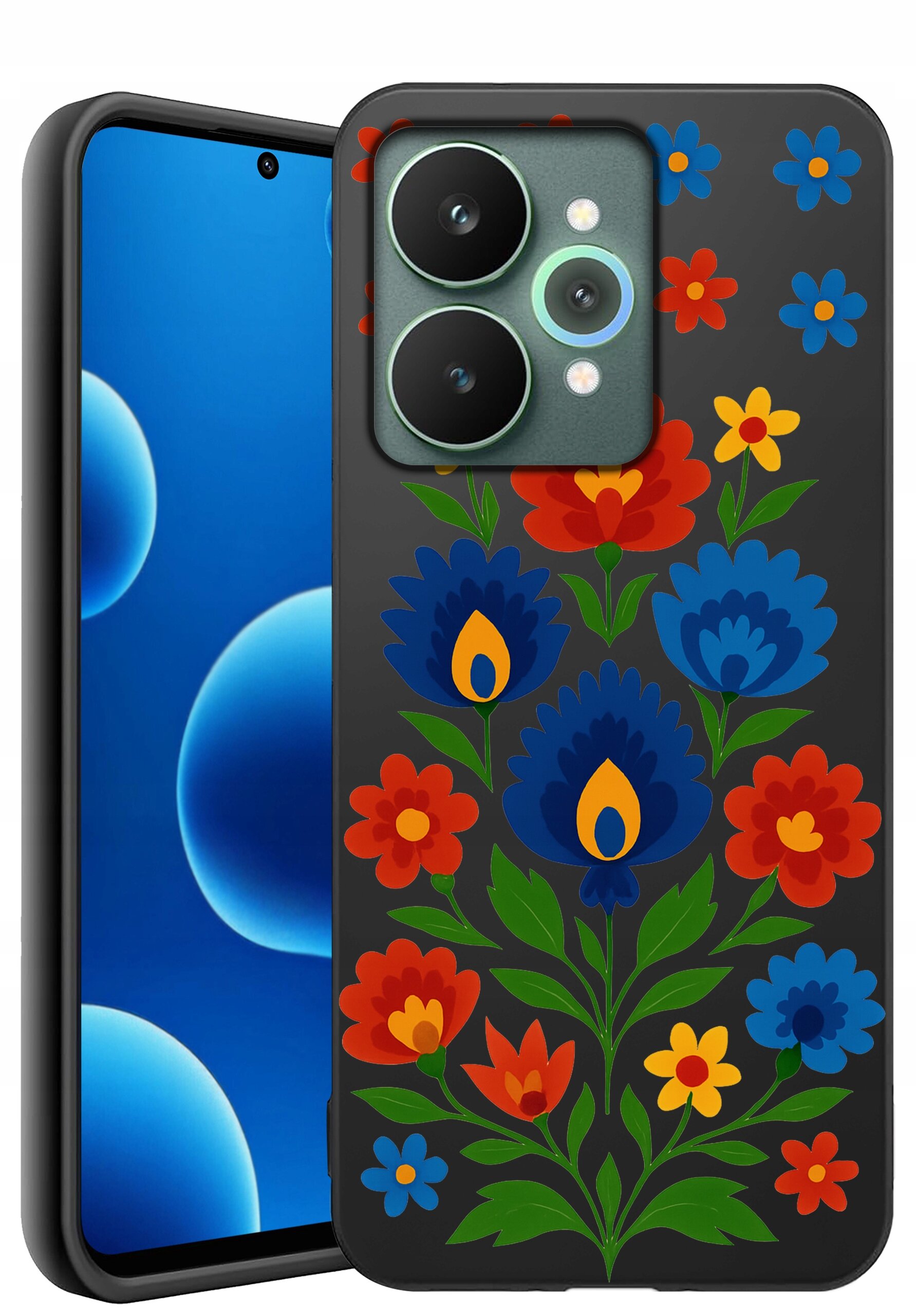 Etui na telefon z kolorowym, kwiatowym wzorem w odcieniach niebieskiego, czerwonego i żółtego. Obok widoczny jest telefon z wyświetlaczem pokazującym niebieskie okręgi na czarnym tle.