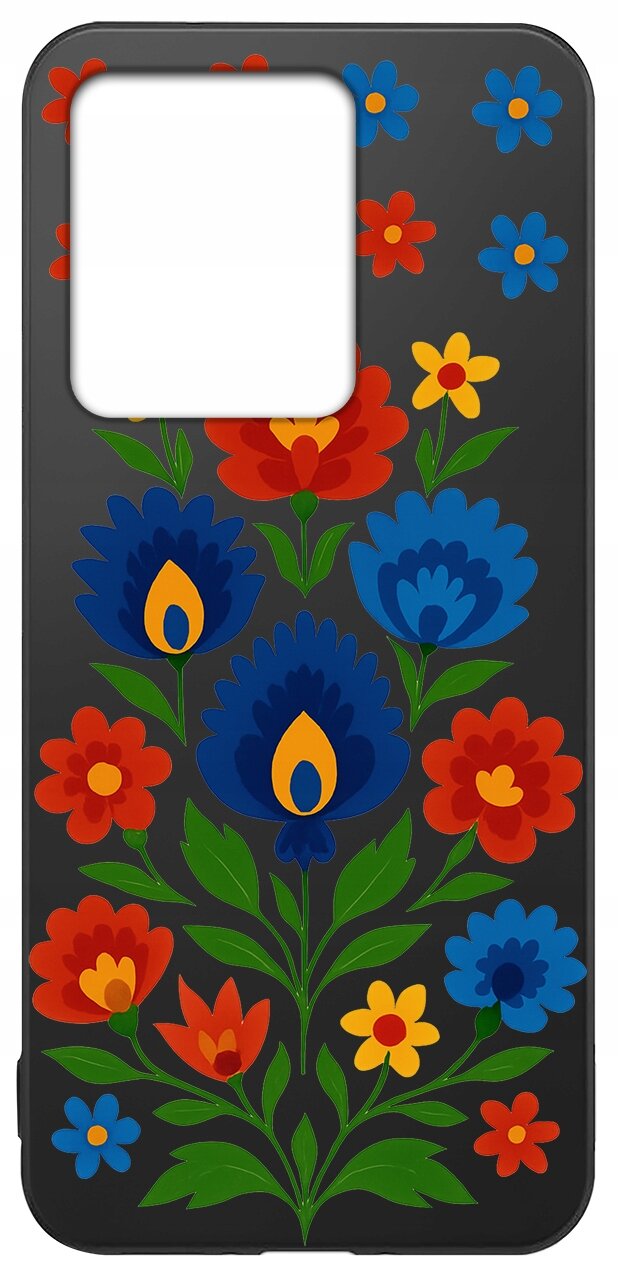 Etui na telefon z czarnym tłem ozdobione kolorowymi kwiatami w odcieniach czerwieni, niebieskiego i żółtego.
