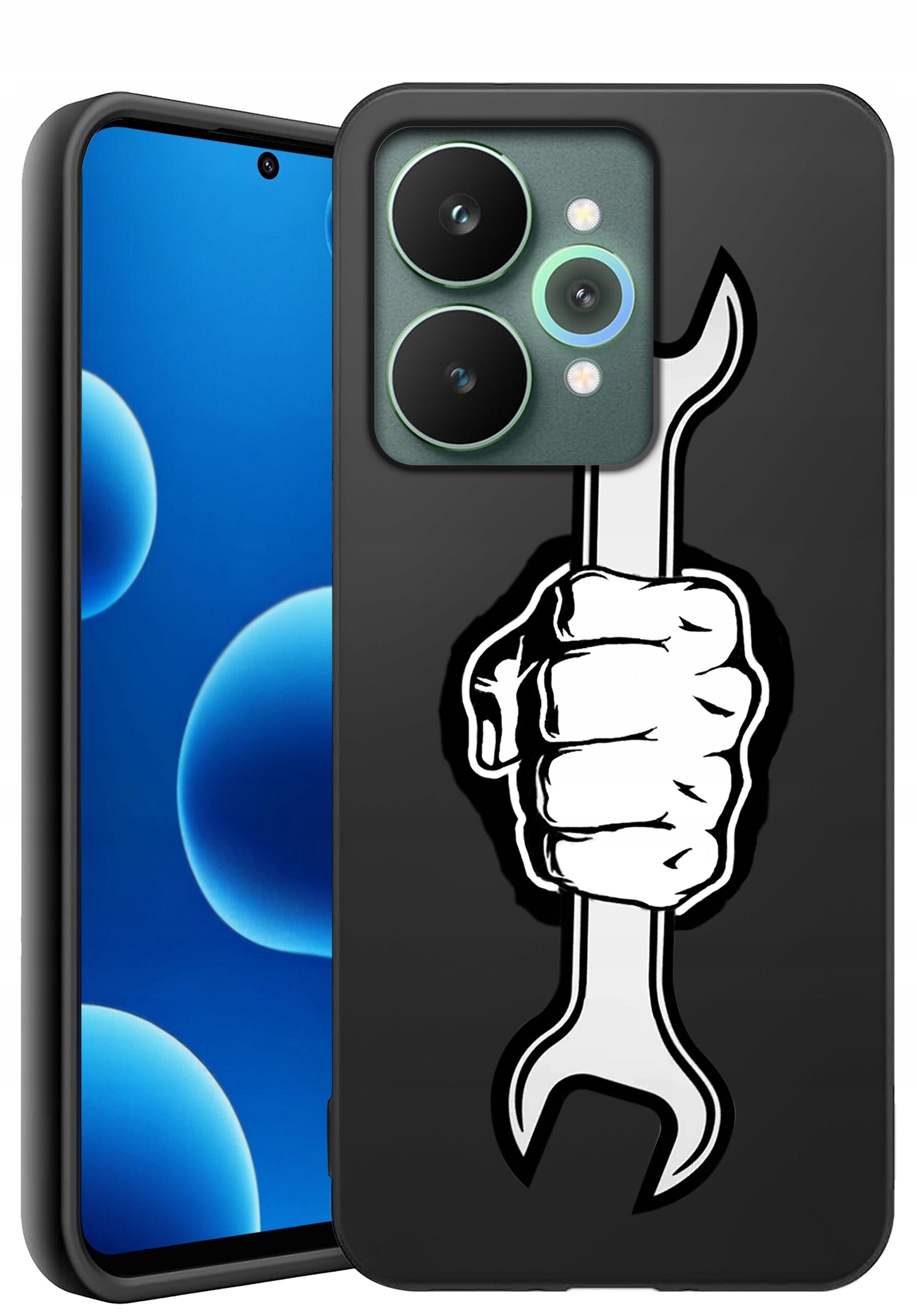 Czarne etui na telefon z nadrukiem białej ręki trzymającej klucz płaski. Obok widoczny jest telefon z niebieskim ekranem i trzema aparatami.