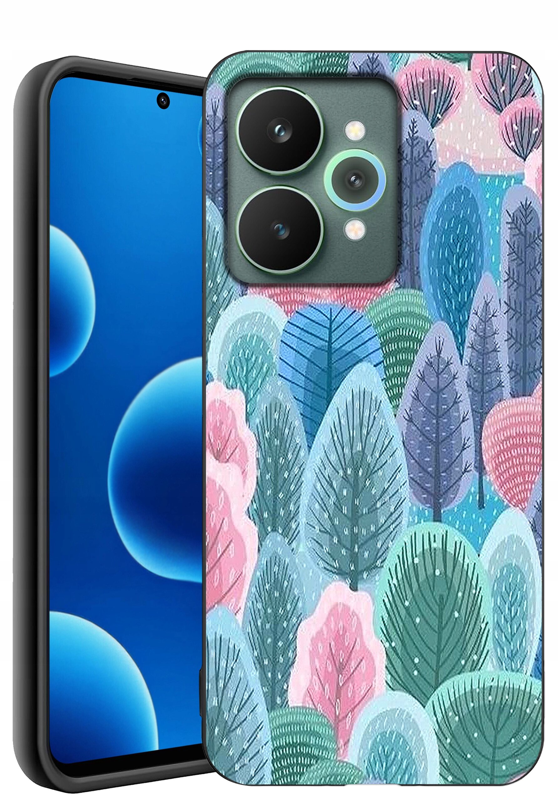Etui na telefon z kolorowym wzorem przedstawiającym różnobarwne drzewa. Obok widoczny jest telefon z wyświetlaczem pokazującym niebieskie tło z okręgami.
