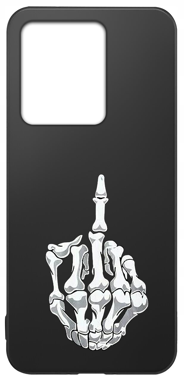 Czarne etui na telefon z nadrukiem białej, szkieletowej dłoni pokazującej środkowy palec. Etui ma wycięcie na aparat fotograficzny.