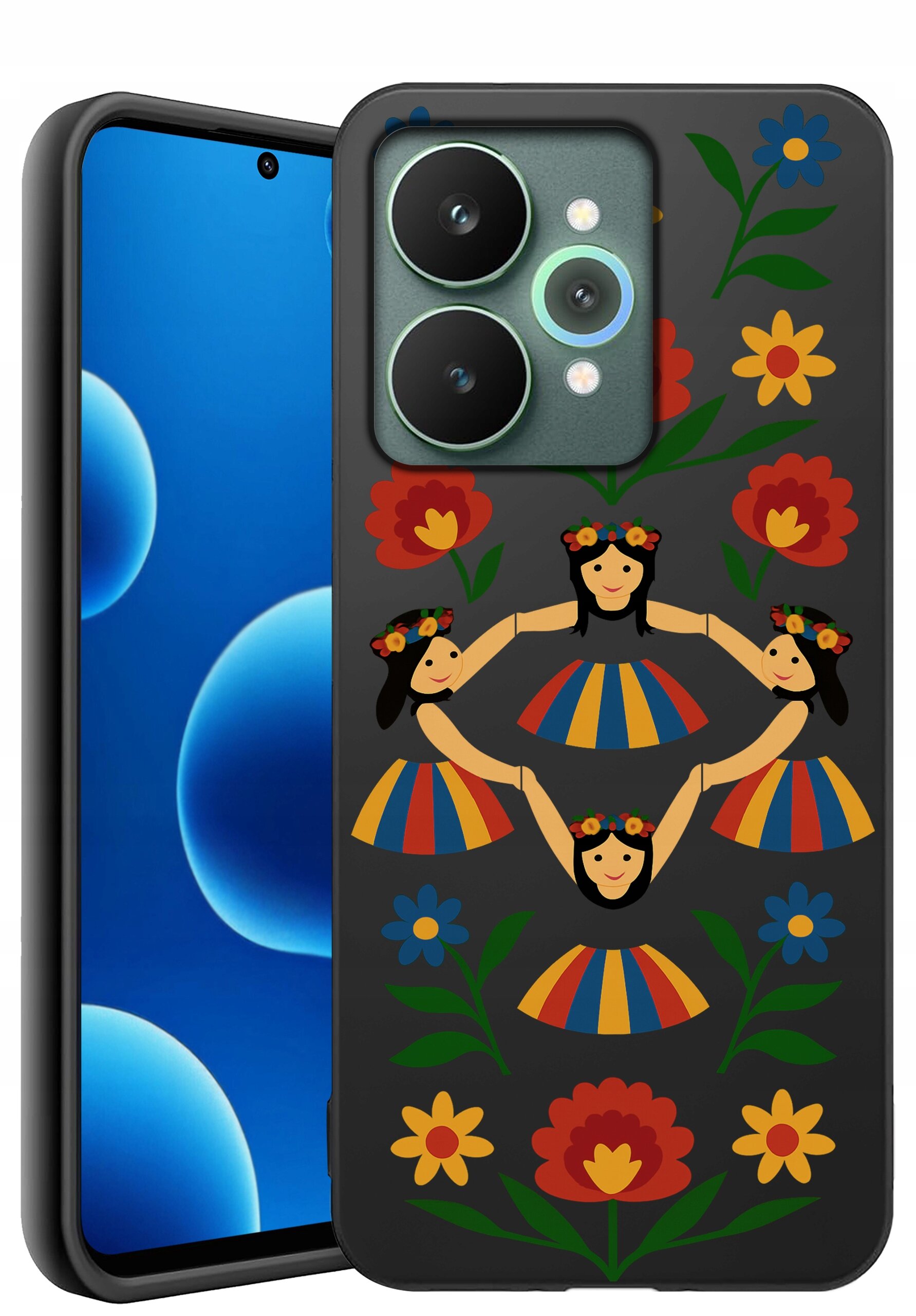Etui na telefon z kolorowym wzorem przedstawiającym postacie w tradycyjnych strojach i kwiaty na ciemnym tle. Obok widoczny jest telefon z niebieskim ekranem.
