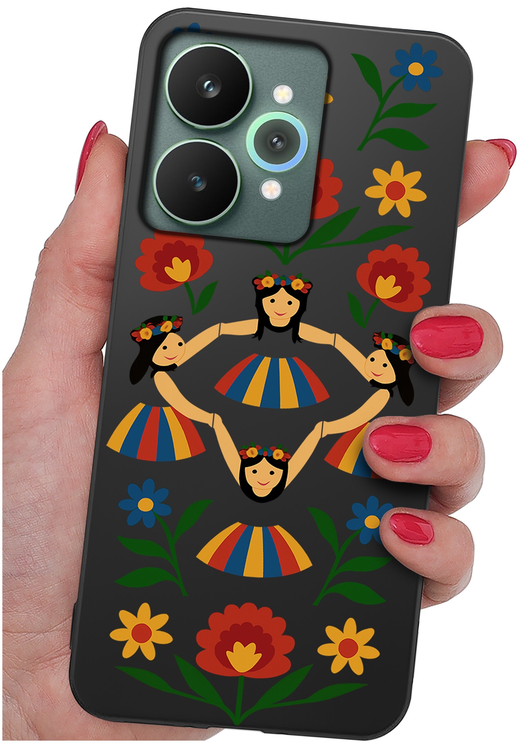 Etui na telefon z kolorowym wzorem przedstawiającym postacie w strojach ludowych i kwiaty. Etui jest trzymane w dłoni z pomalowanymi na czerwono paznokciami.