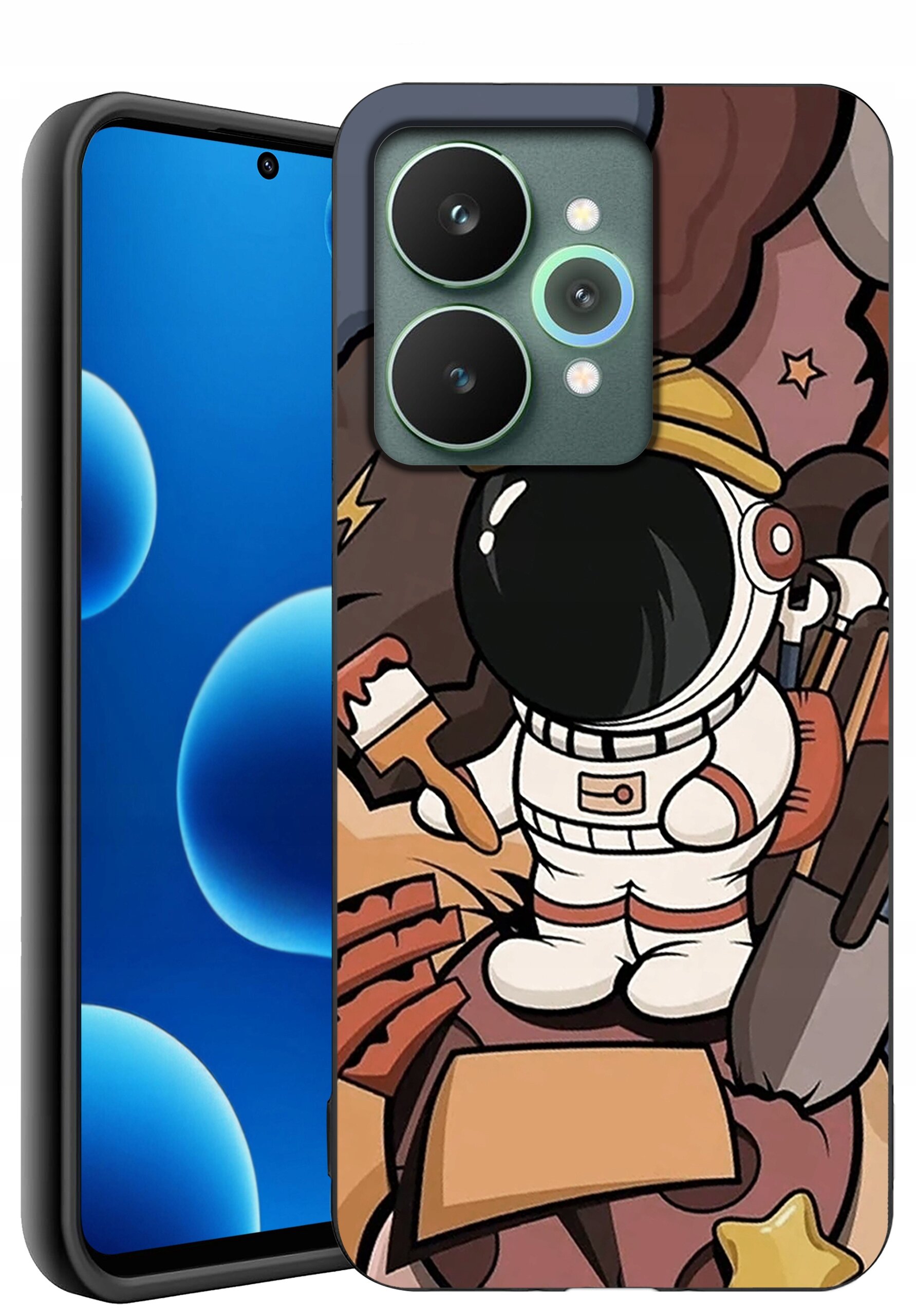 Etui na telefon z kolorowym wzorem przedstawiającym astronautę w skafandrze, trzymającego pędzel i łopatę. Obok etui widoczny jest telefon z wyświetlaczem pokazującym niebieskie okręgi na czarnym tle.