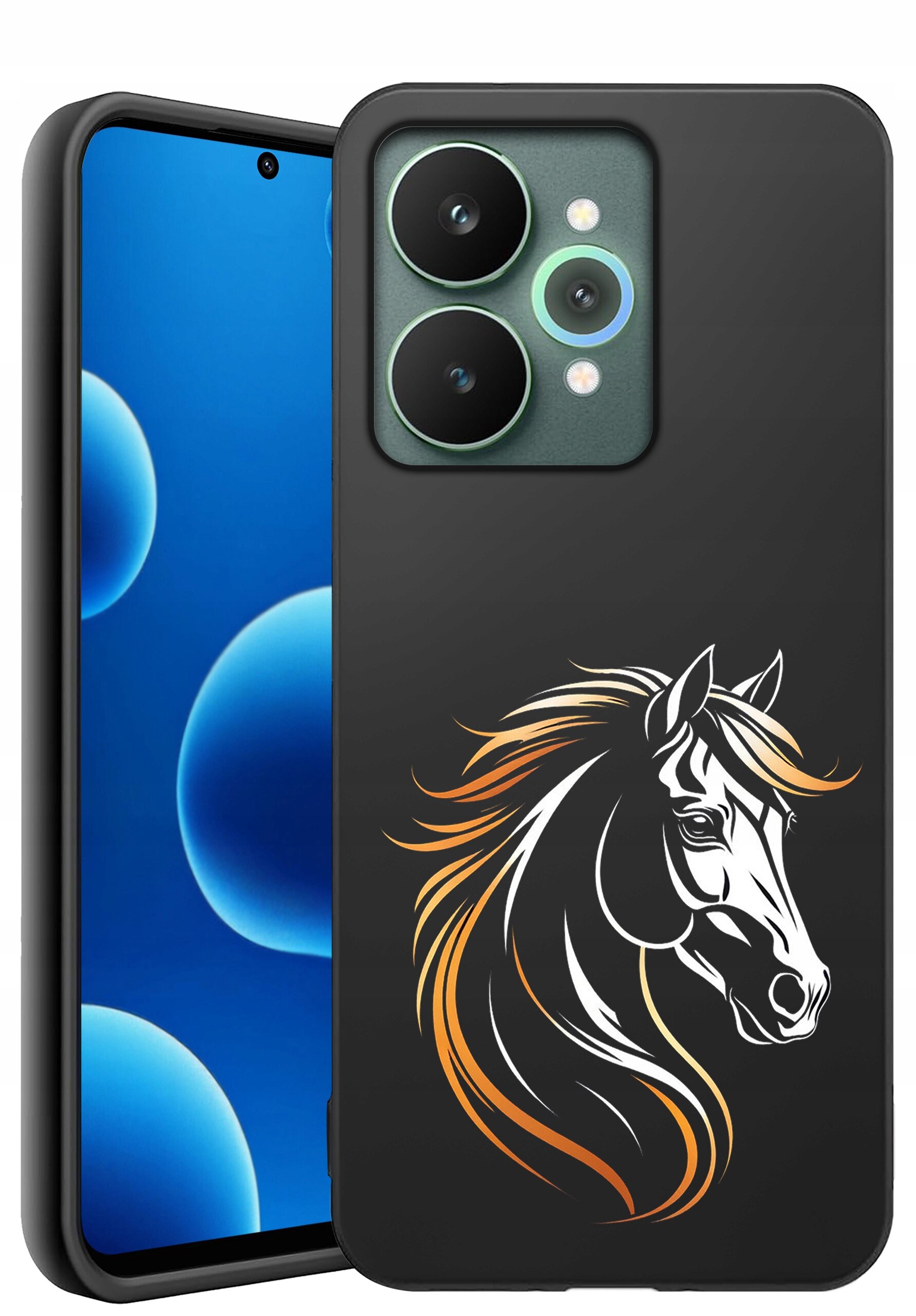 Czarny silikonowy case z matowym wykończeniem, ozdobiony grafiką konia z pomarańczowymi akcentami. Obok znajduje się smartfon z niebieskim ekranem i trzema aparatami w rogu.