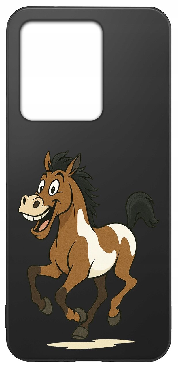 Czarne etui na telefon z nadrukiem uśmiechniętego konia w ruchu. Etui ma duży otwór na aparat w górnej części.