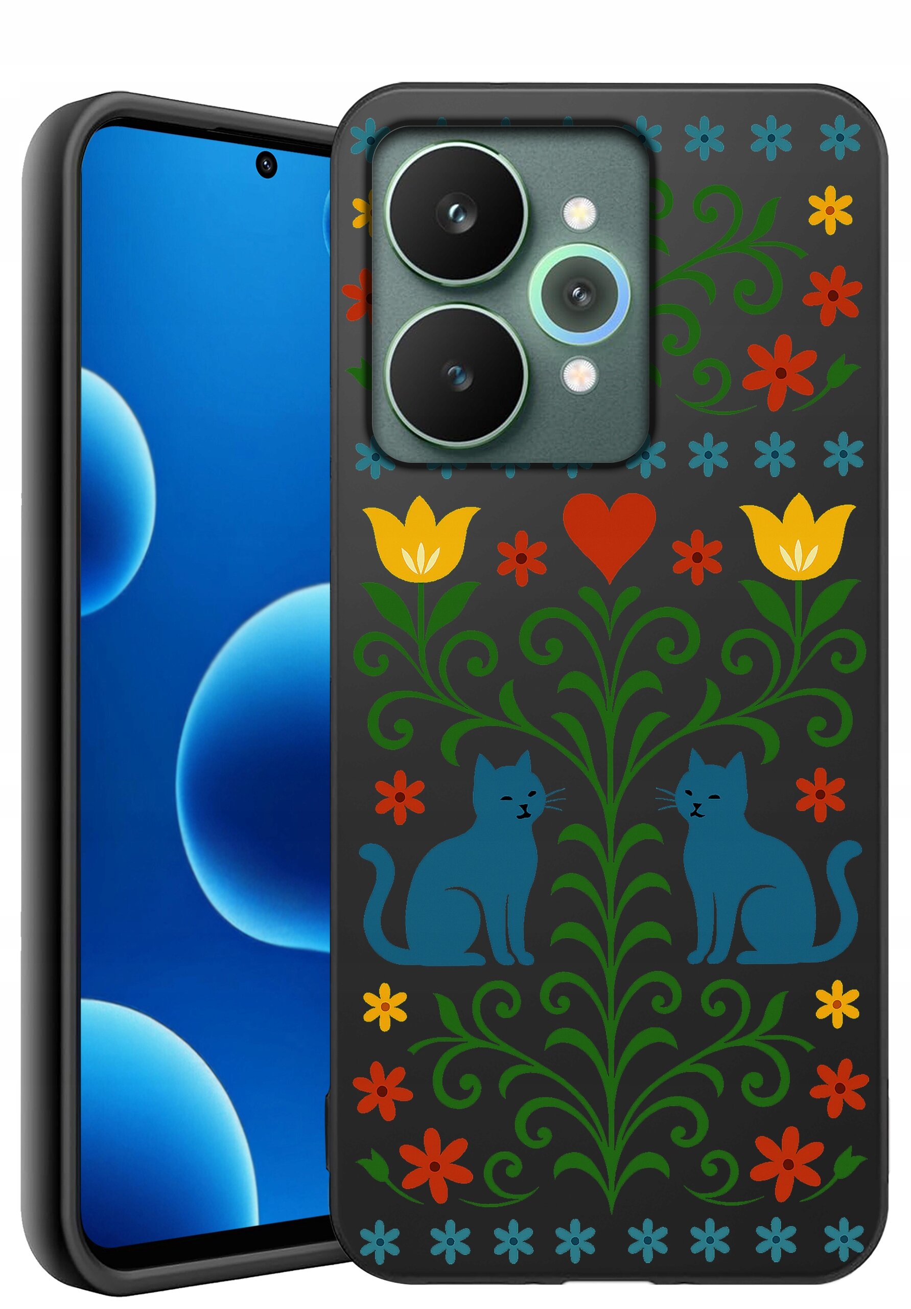 Etui na telefon z kolorowym wzorem przedstawiającym dwa niebieskie koty, kwiaty i serce na ciemnym tle. Obok etui widoczny jest telefon z wyświetlaczem pokazującym niebieskie okręgi.