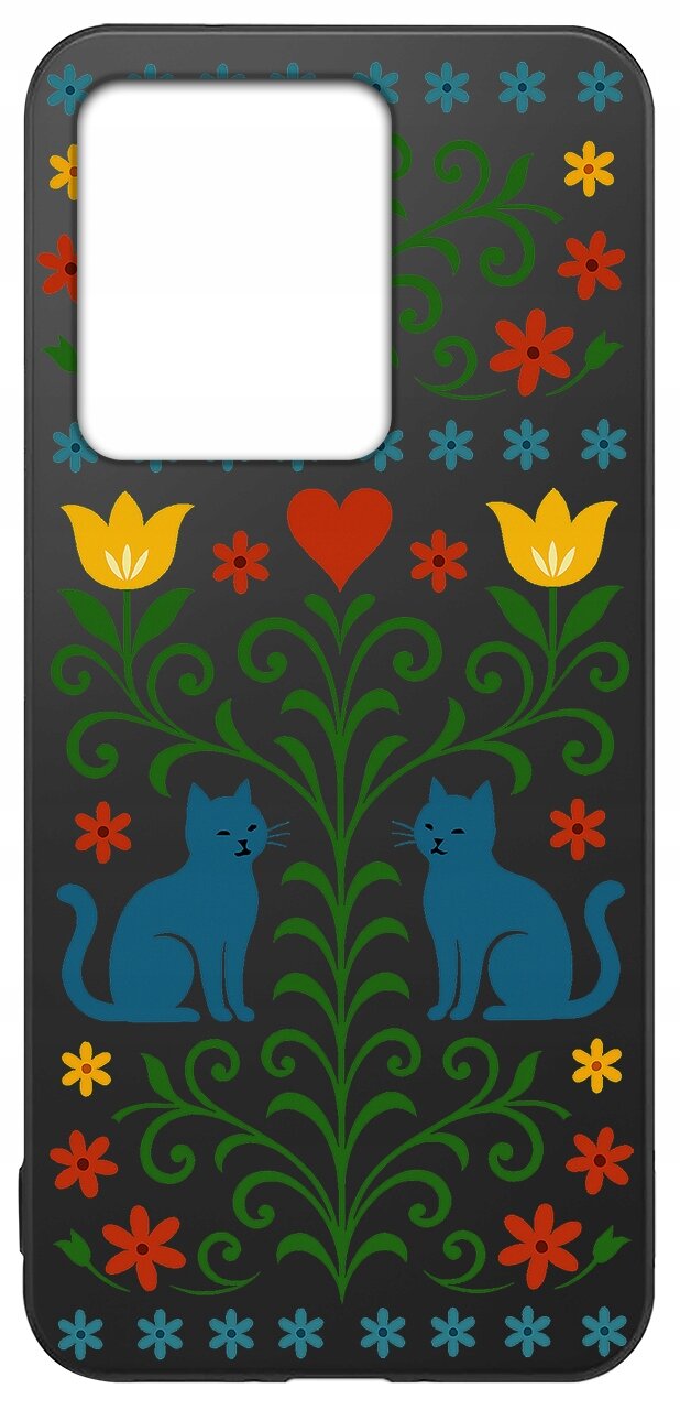 Etui na telefon z motywem ludowym, przedstawiające dwa niebieskie koty, żółte kwiaty i czerwone serce na czarnym tle.