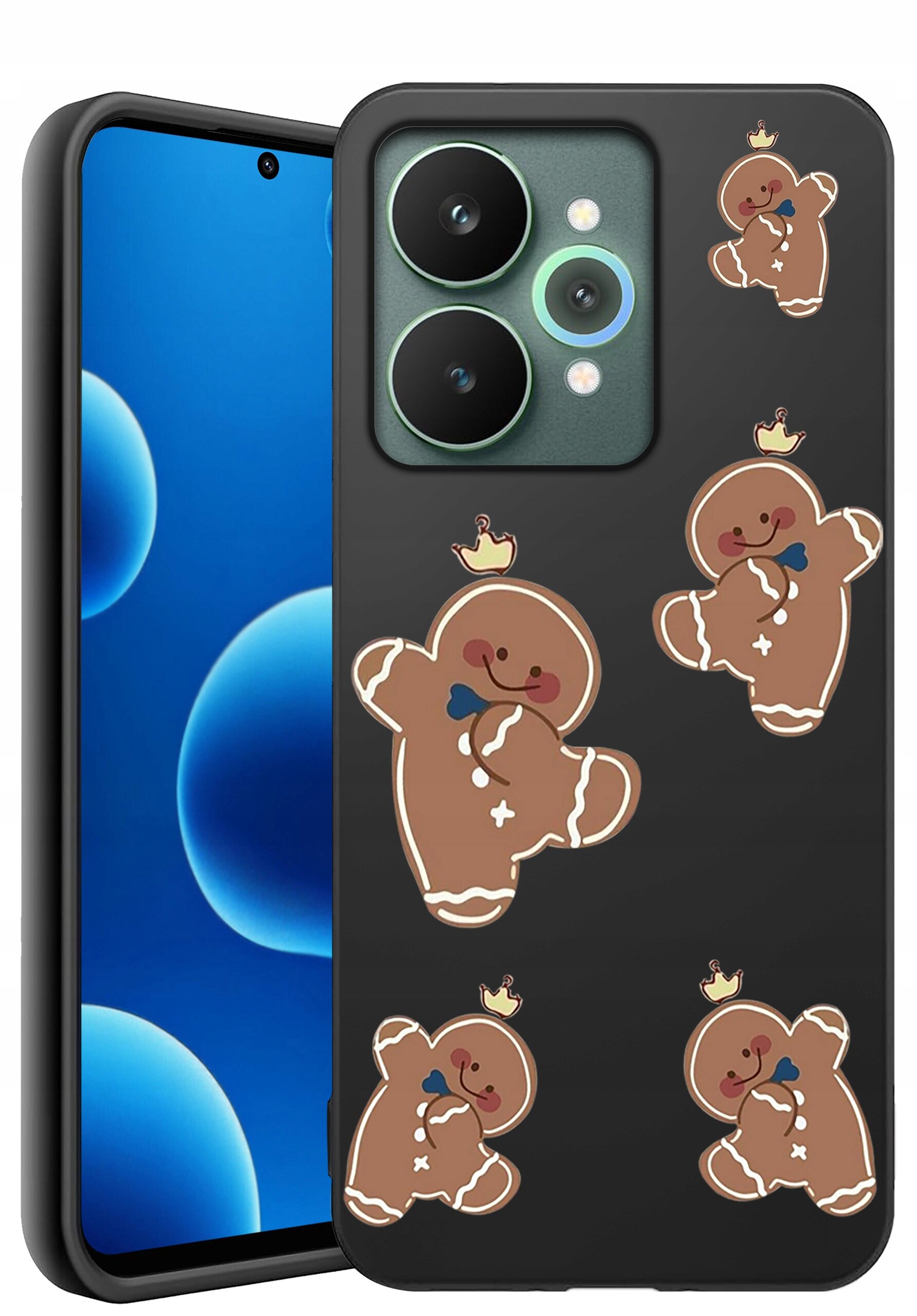 Czarne silikonowe etui na telefon z wzorem przedstawiającym kilka postaci piernikowych ludzików z koronami. Obok etui widoczny jest telefon z niebieskim ekranem.