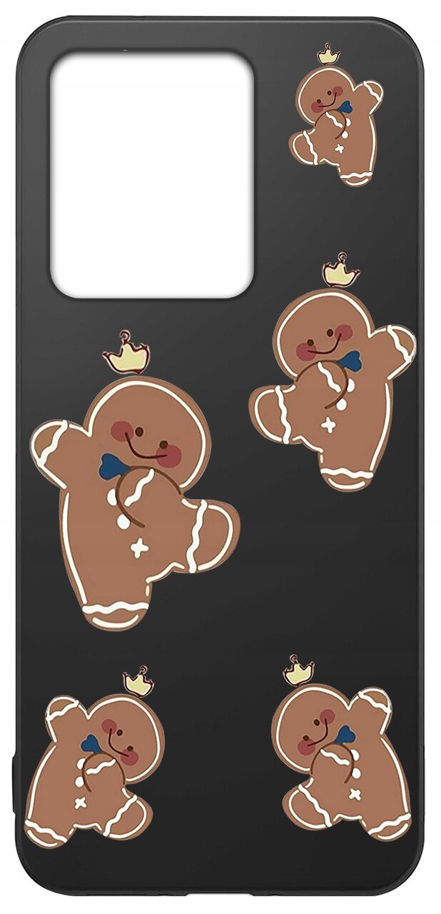 Czarne etui z motywem piernikowych ludzików w koronach, rozmieszczonych na całej powierzchni. Etui ma duży otwór na aparat w górnej części.