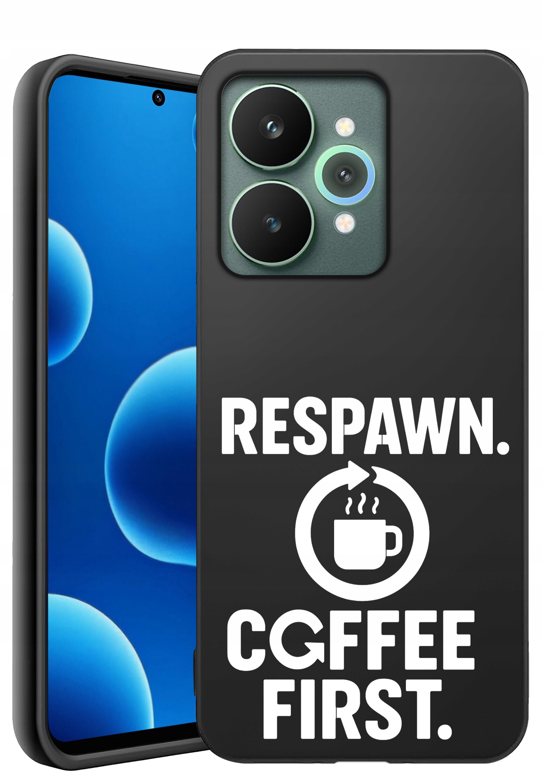 Czarne etui na telefon z napisem \'RESPAWN. COFFEE FIRST.\' oraz grafiką filiżanki. Obok widoczny jest telefon z niebieskim ekranem.