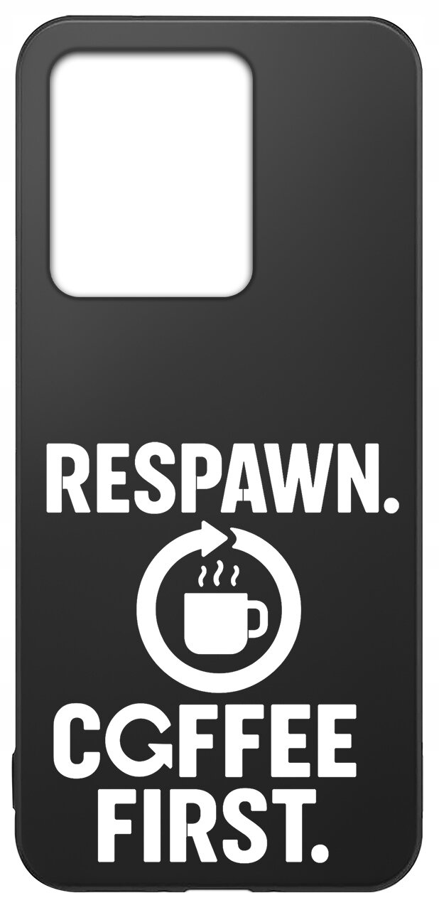 Czarne etui z wycięciem na aparat, ozdobione białym napisem \'RESPAWN. COFFEE FIRST.\' oraz symbolem filiżanki z parującą kawą w okręgu.