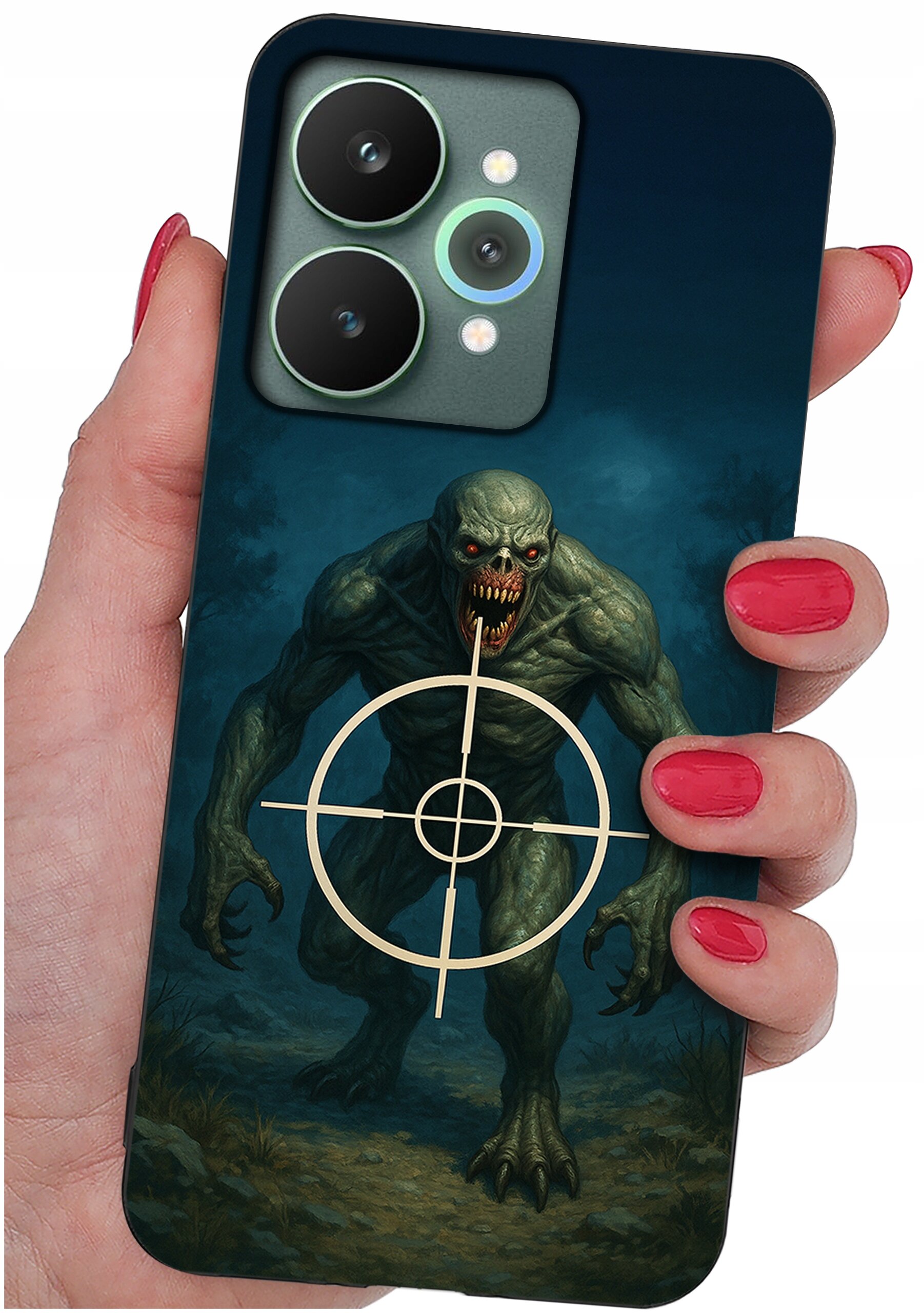 Etui na telefon z grafiką przedstawiającą potwora z czerwonymi oczami i celownikiem na klatce piersiowej. Etui trzymane jest w dłoni z pomalowanymi na czerwono paznokciami.