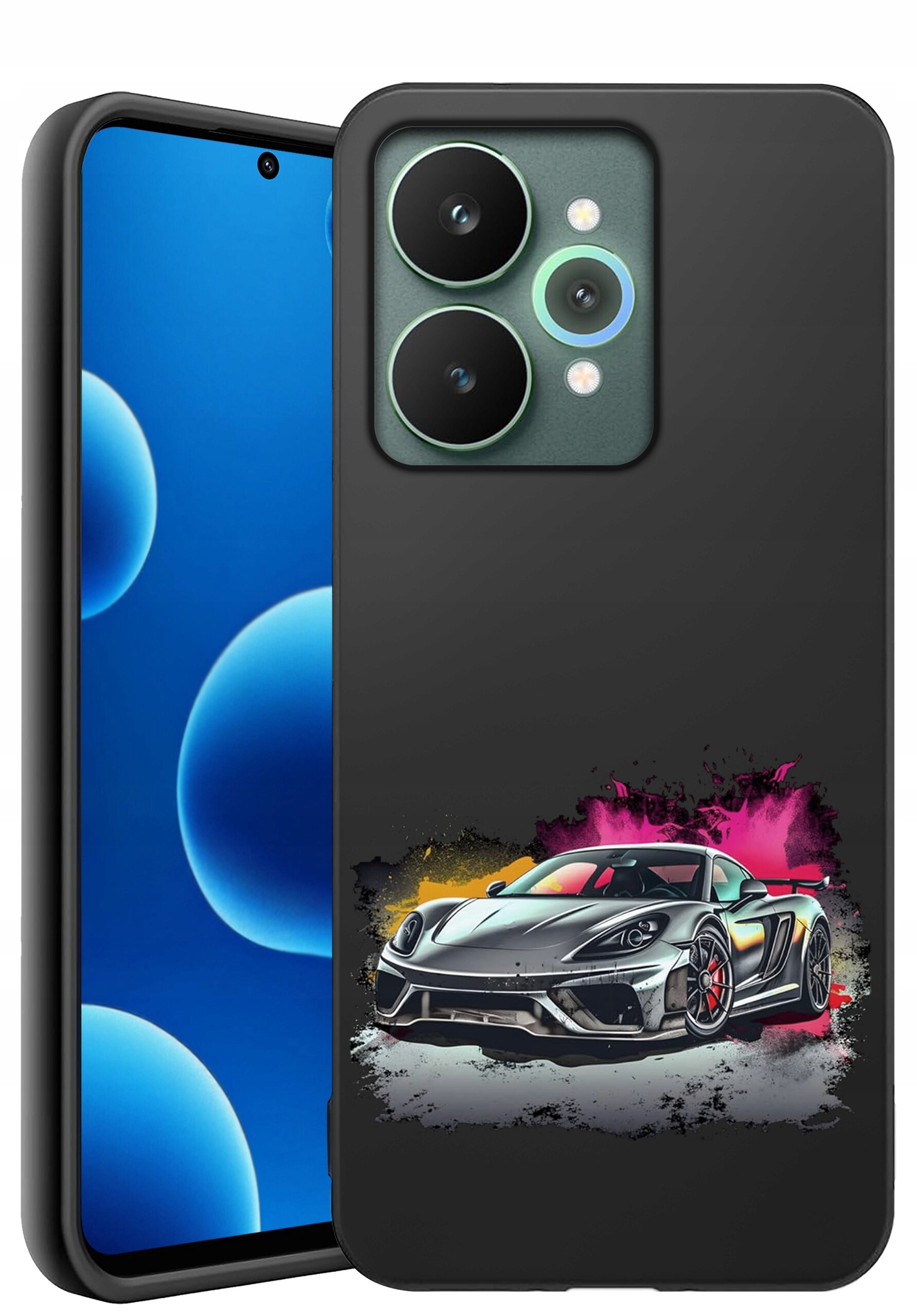 Etui na telefon z grafiką sportowego samochodu na tle kolorowych plam. Telefon ma wyświetlacz z niebieskimi bąbelkami i aparat z trzema obiektywami.