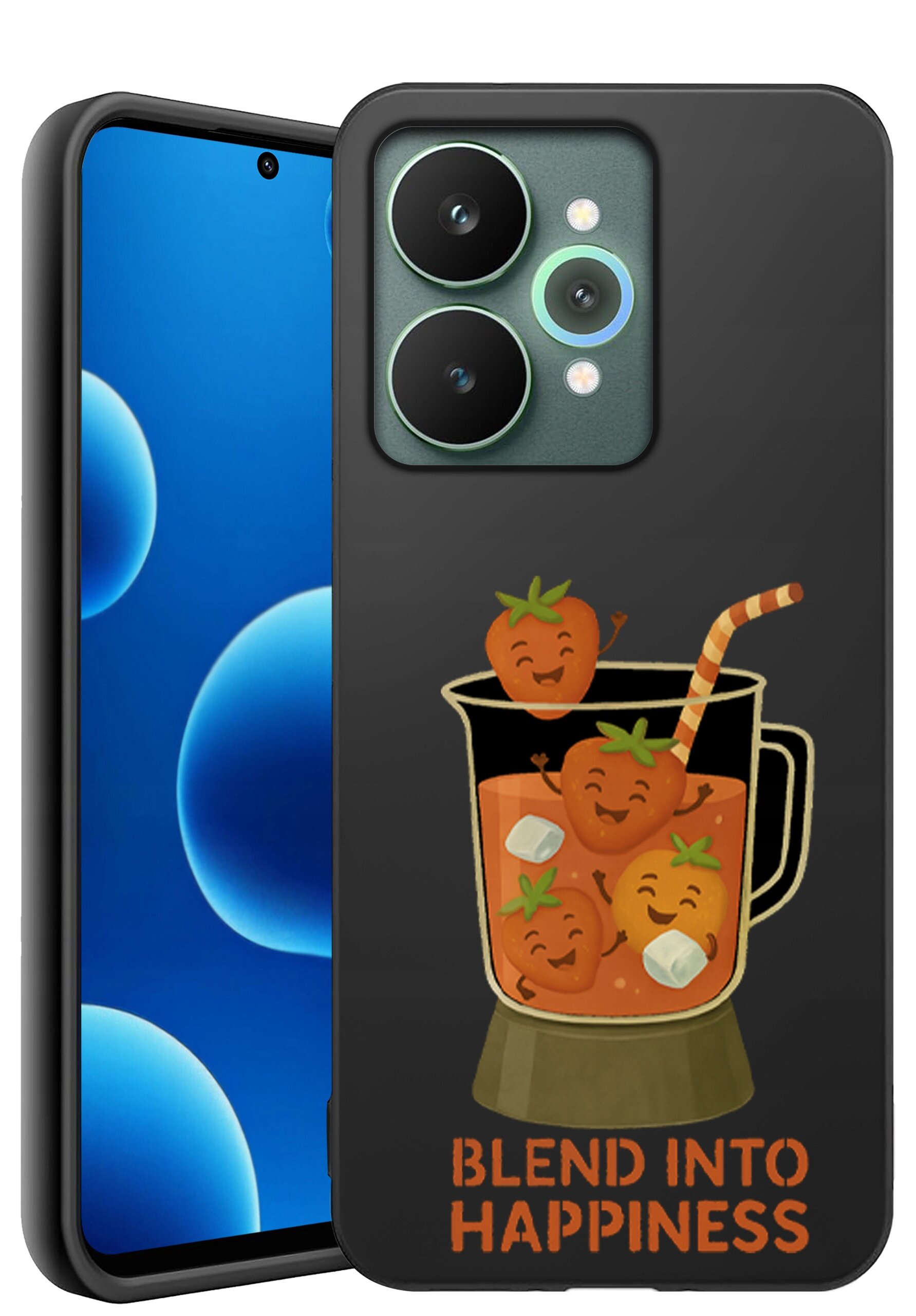 Etui na telefon z grafiką przedstawiającą uśmiechnięte pomidory w blenderze oraz napis \'BLEND INTO HAPPINESS\'.