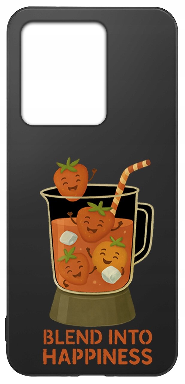 Czarne etui z grafiką przedstawiającą uśmiechnięte truskawki w blenderze oraz napis \'BLEND INTO HAPPINESS\'.