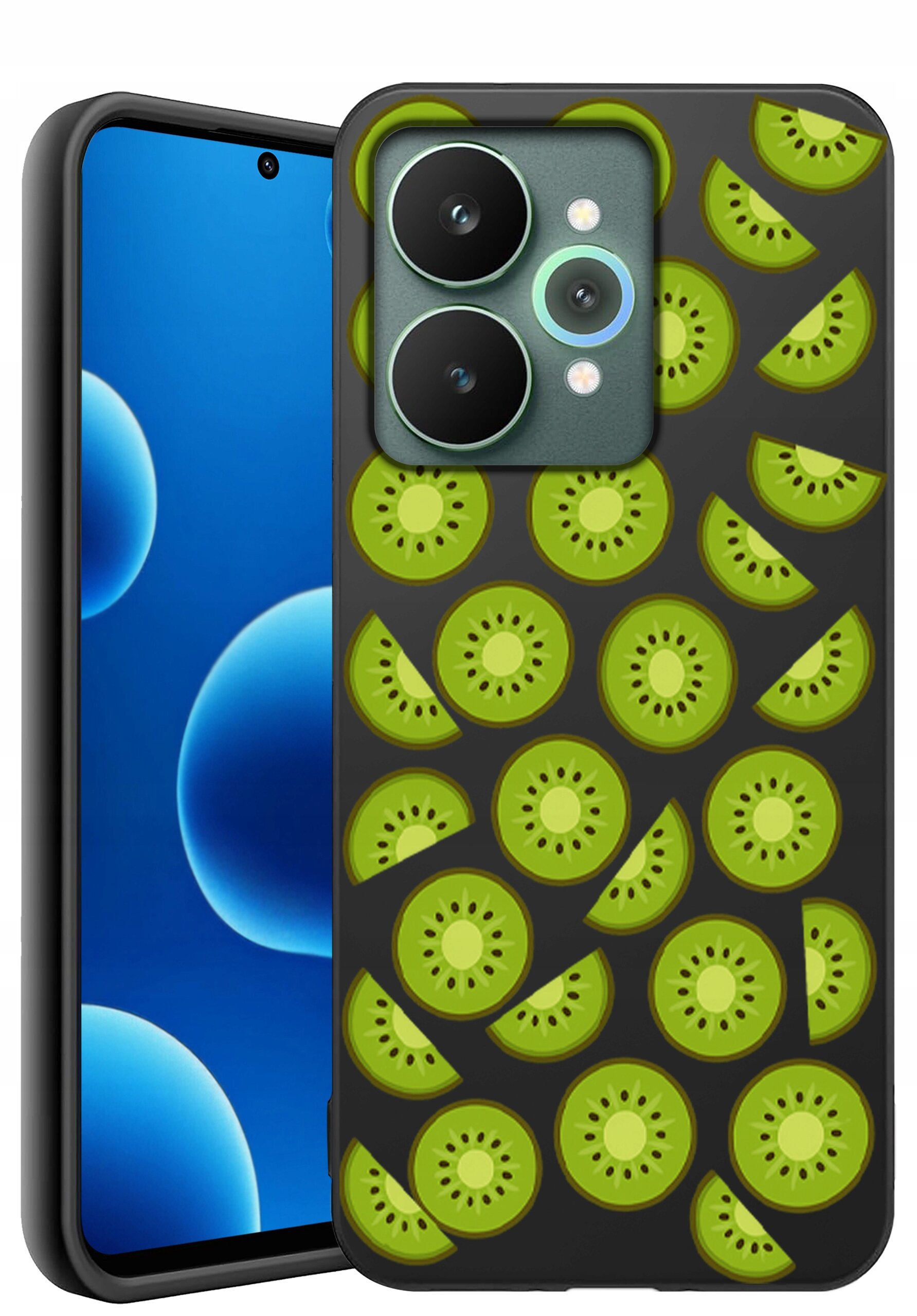 Etui na telefon z wzorem zielonych plasterków kiwi na ciemnym tle. Obok widoczny jest ekran telefonu z niebieskimi okręgami.