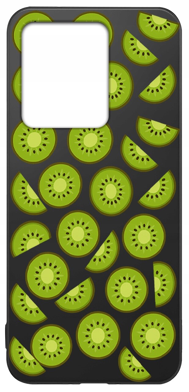 Etui na telefon z wzorem zielonych plasterków kiwi na czarnym tle, z dużym otworem na aparat.