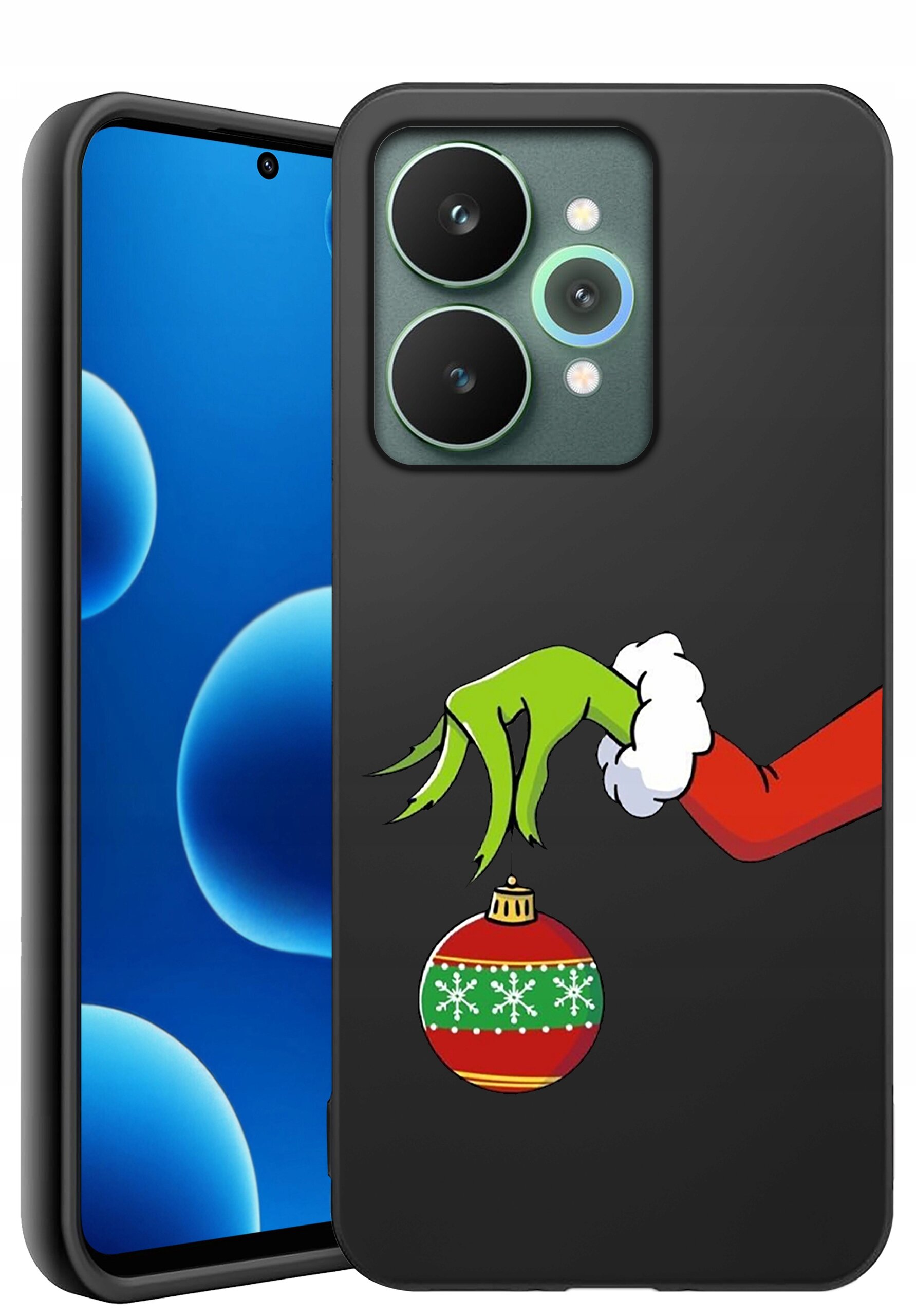 Etui na telefon z czarnym tłem, ozdobione grafiką zielonej ręki trzymającej czerwoną bombkę z białymi śnieżynkami i zielonym wzorem. Obok widoczny jest telefon z niebieskim ekranem z okrągłymi kształtami.