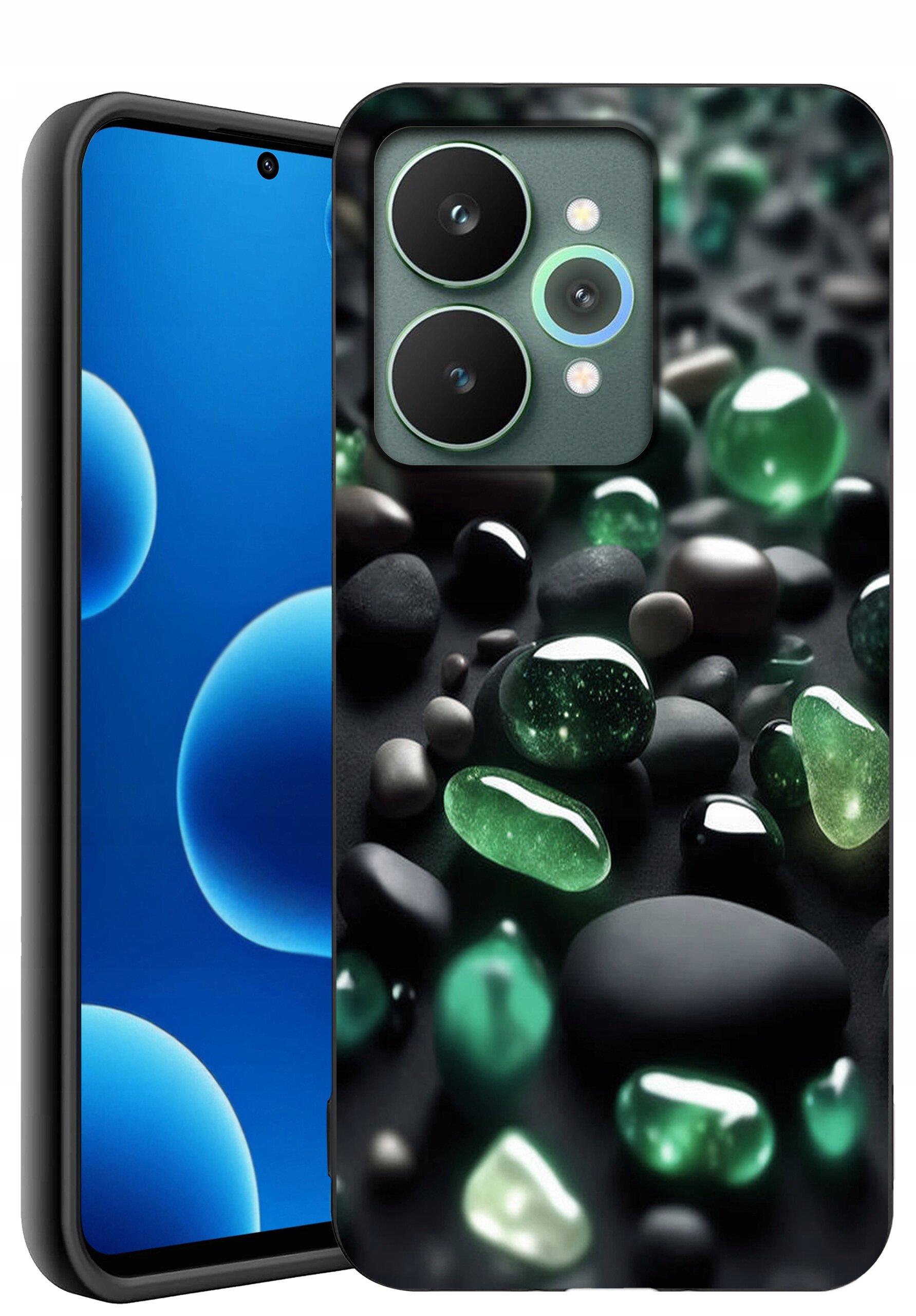 Obraz przedstawia telefon z etui, które ma wzór z zielonymi i czarnymi kamieniami. Na ekranie telefonu widoczne są niebieskie okręgi na ciemnym tle.