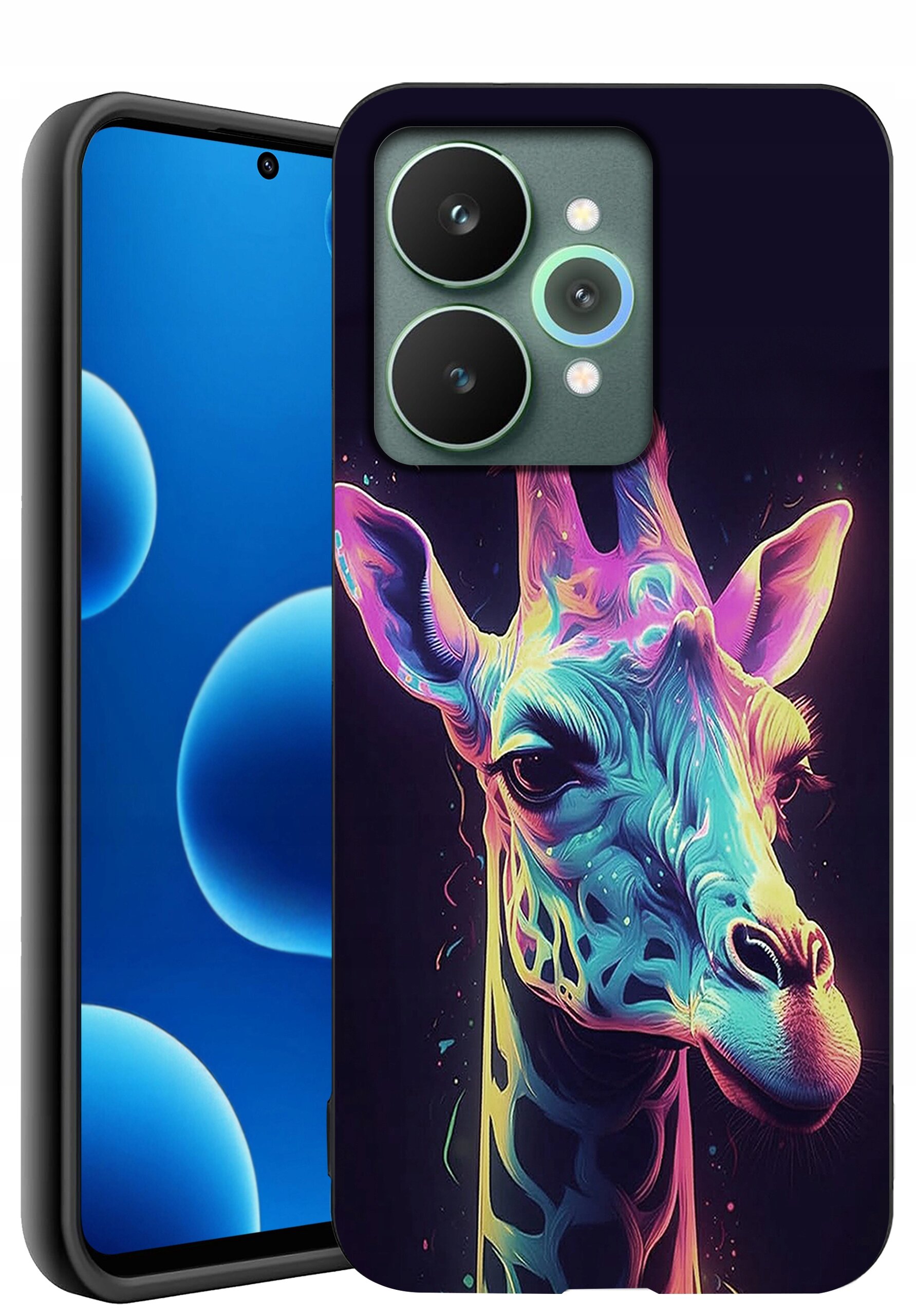 Etui na telefon z kolorowym wzorem żyrafy w stylu neonowym. Obok widoczny jest ekran telefonu z niebieskim tłem i okrągłymi kształtami.