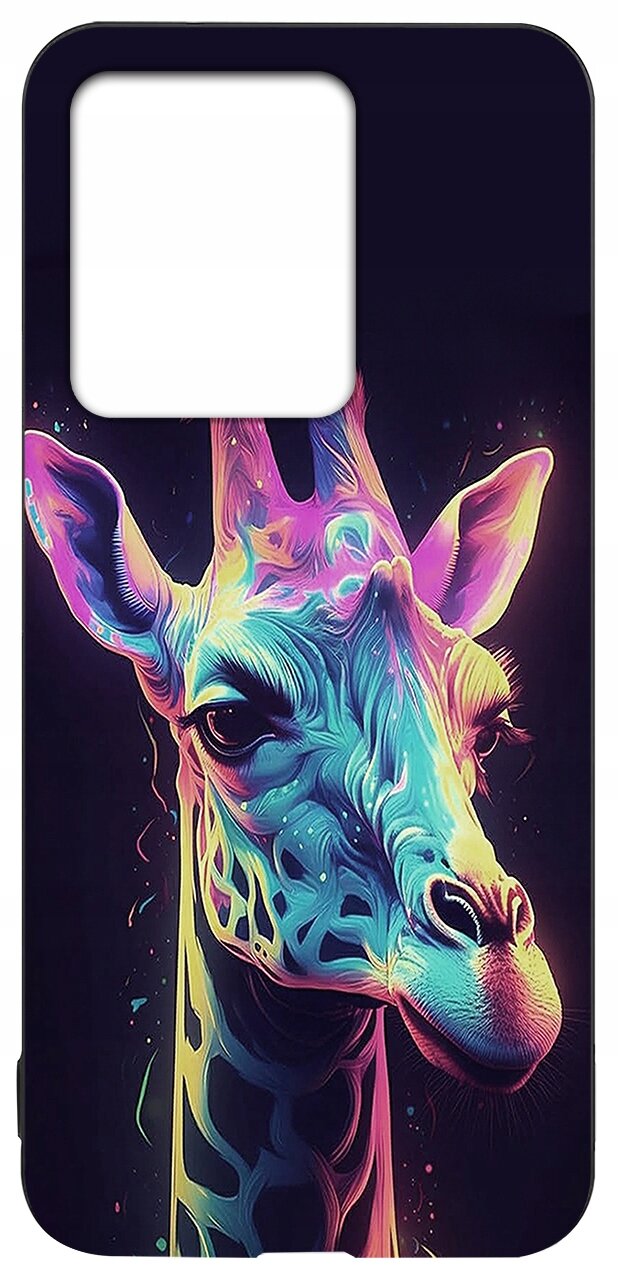 Etui na telefon z kolorowym, abstrakcyjnym wizerunkiem żyrafy na ciemnym tle. W górnej części znajduje się wycięcie na aparat.