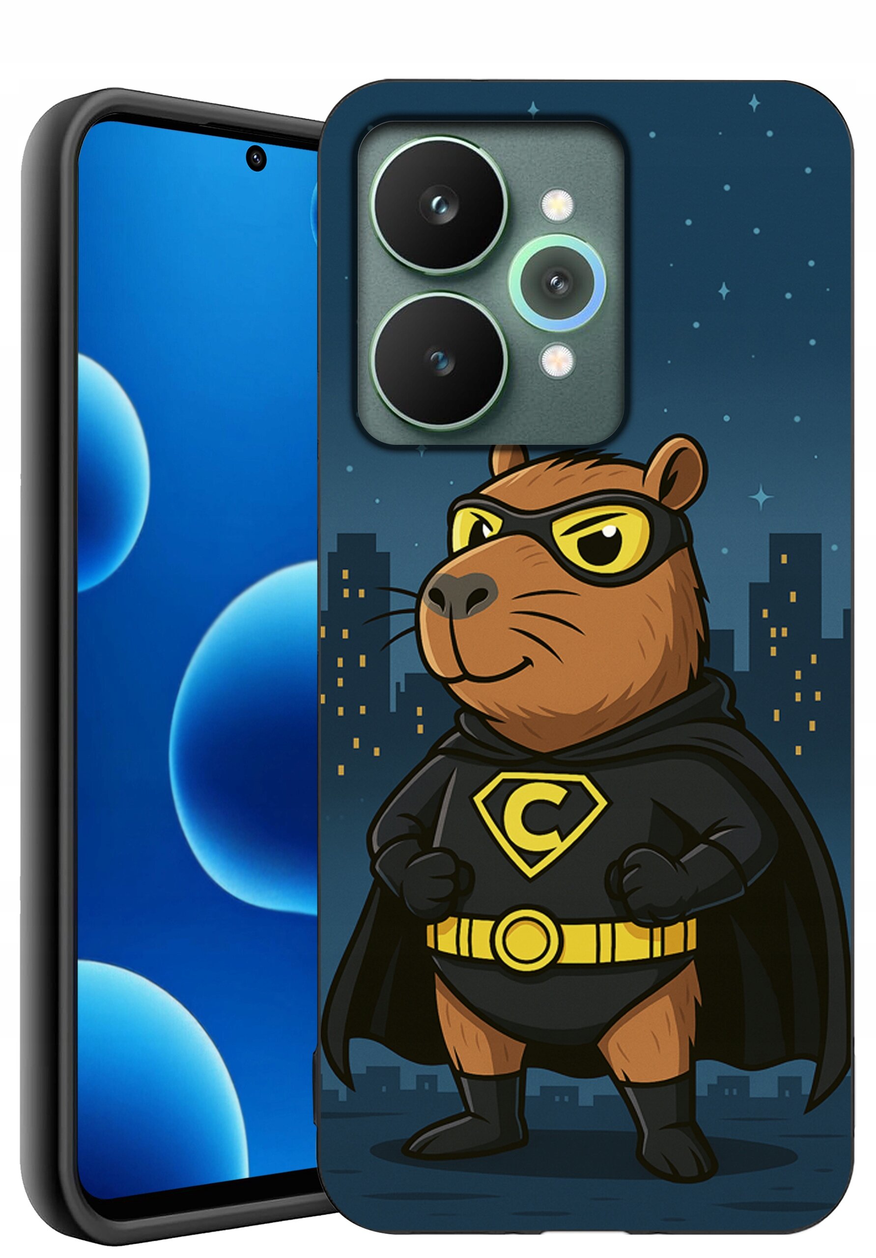 Etui na telefon z nadrukiem postaci zwierzęcia w stroju superbohatera na tle nocnego miasta. Na piersi postaci widoczna jest litera \'C\'.