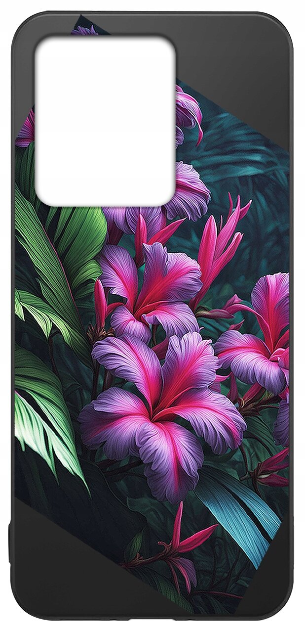 Etui na telefon z motywem kwiatowym, przedstawiające różowe i fioletowe kwiaty na tle zielonych liści. W górnej części znajduje się wycięcie na aparat.
