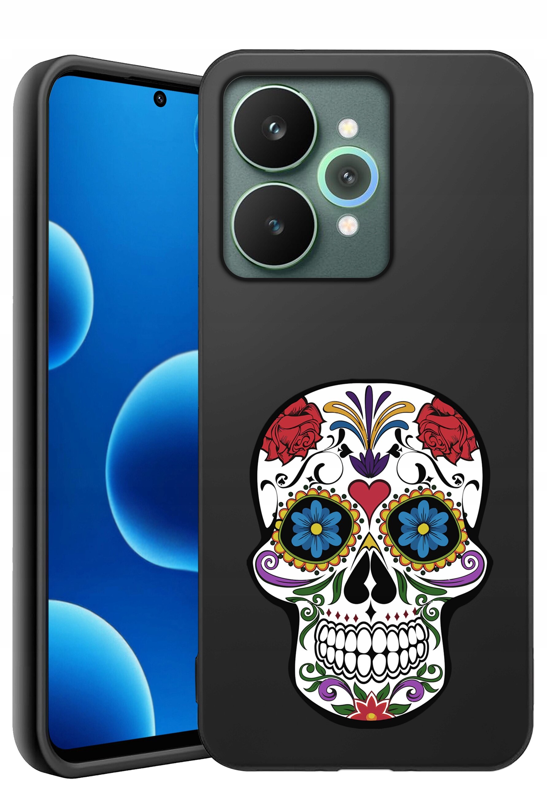 Czarne etui na telefon z kolorowym wzorem czaszki ozdobionej kwiatami i ornamentami. Obok widoczny jest telefon z niebieskim ekranem.