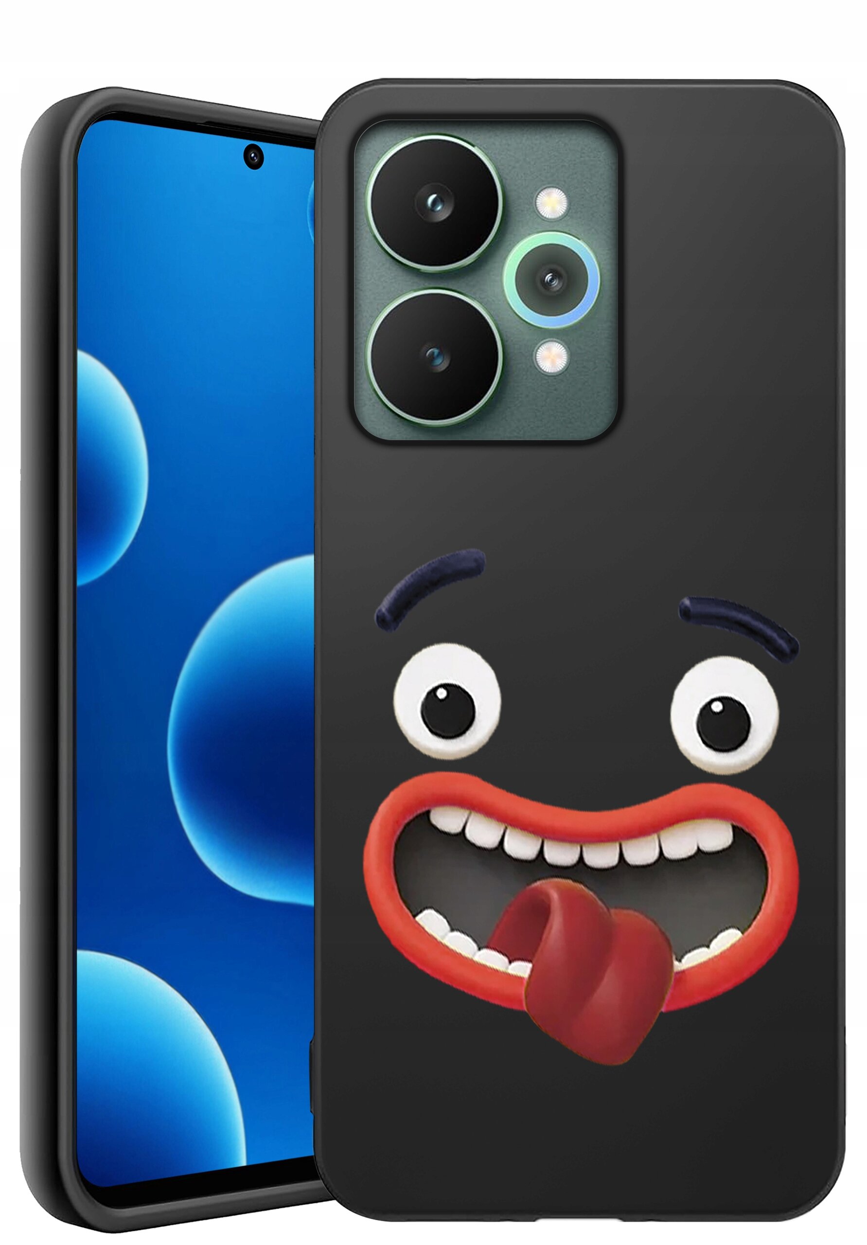 Czarne silikonowe etui z nadrukiem uśmiechniętej twarzy z wystawionym językiem, przeznaczone do telefonu Realme 15 5G lub 15 Pro 5G. Obok etui widoczny jest telefon z niebieskim ekranem z okrągłymi ikonami.