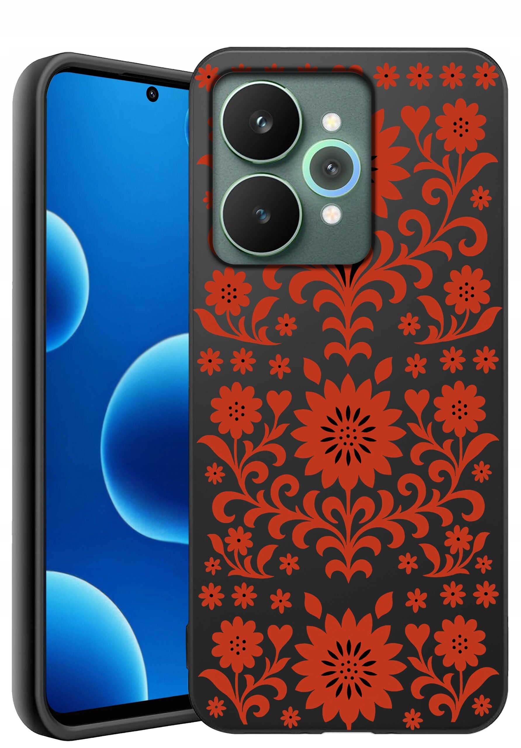 Etui na telefon z czarnym tłem i czerwonym wzorem kwiatowym. Obok widoczny jest telefon z wyświetlaczem pokazującym niebieskie bąbelki na czarnym tle.