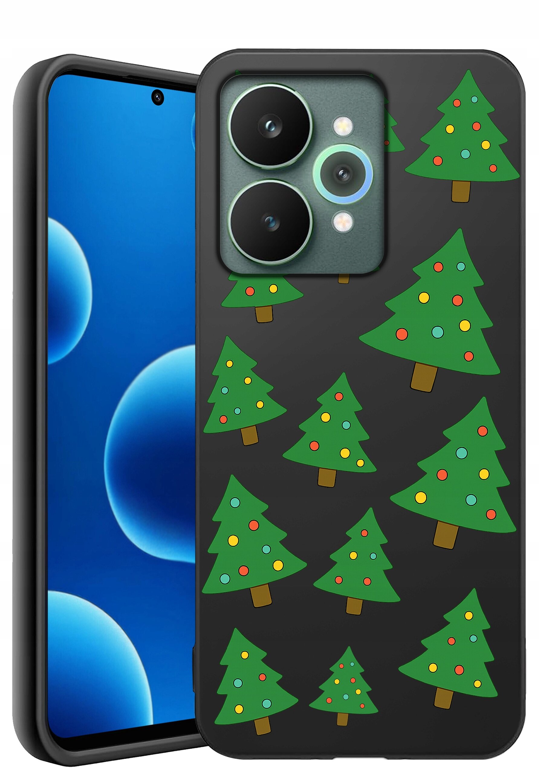 Etui na telefon z wzorem choinek na czarnym tle, z widocznymi trzema aparatami fotograficznymi. Ekran telefonu wyświetla niebieskie tło z okręgami.