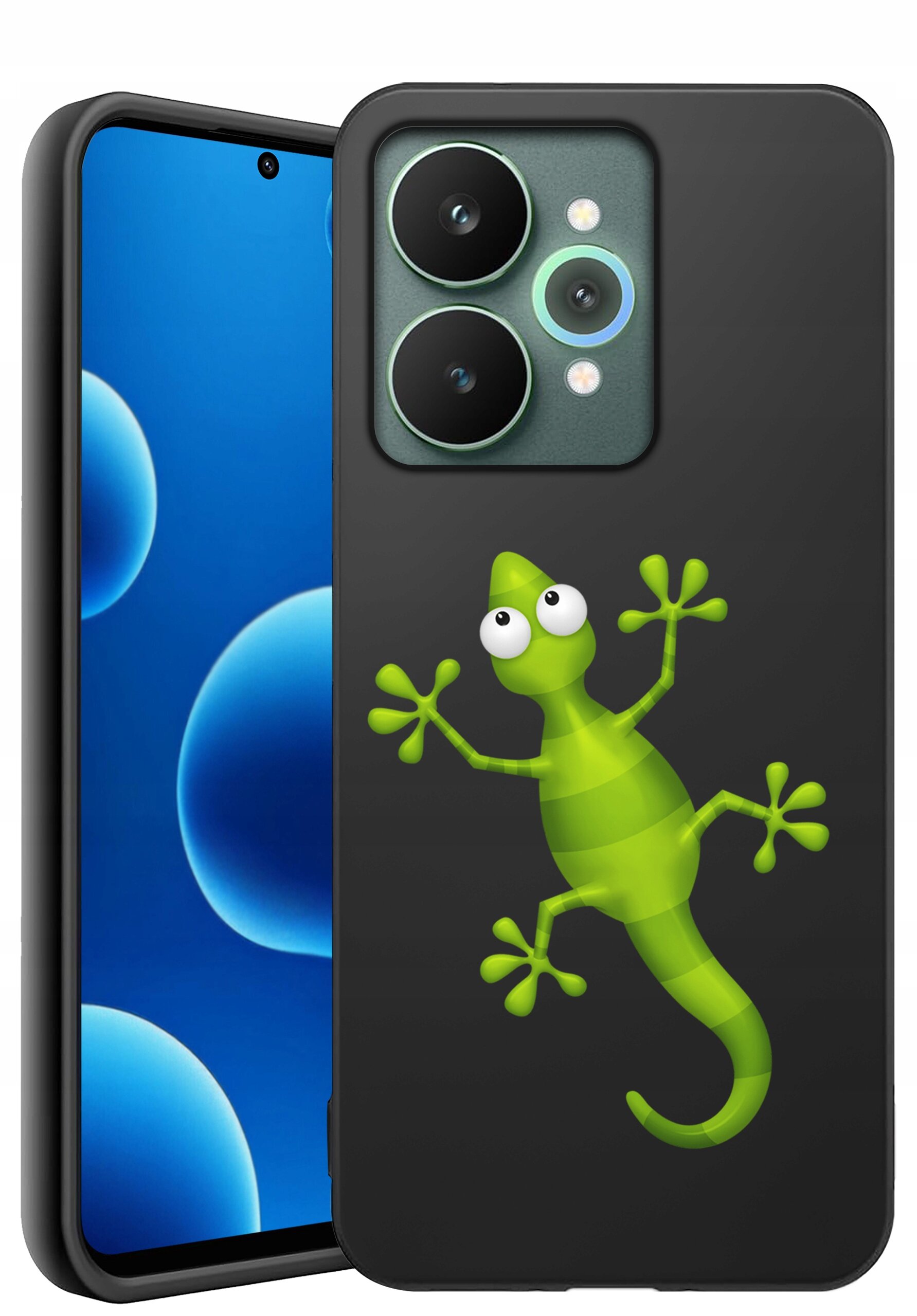 Czarne silikonowe etui na telefon z zielonym rysunkiem jaszczurki. Obok widoczny jest telefon z niebieskim ekranem i podwójnym aparatem.