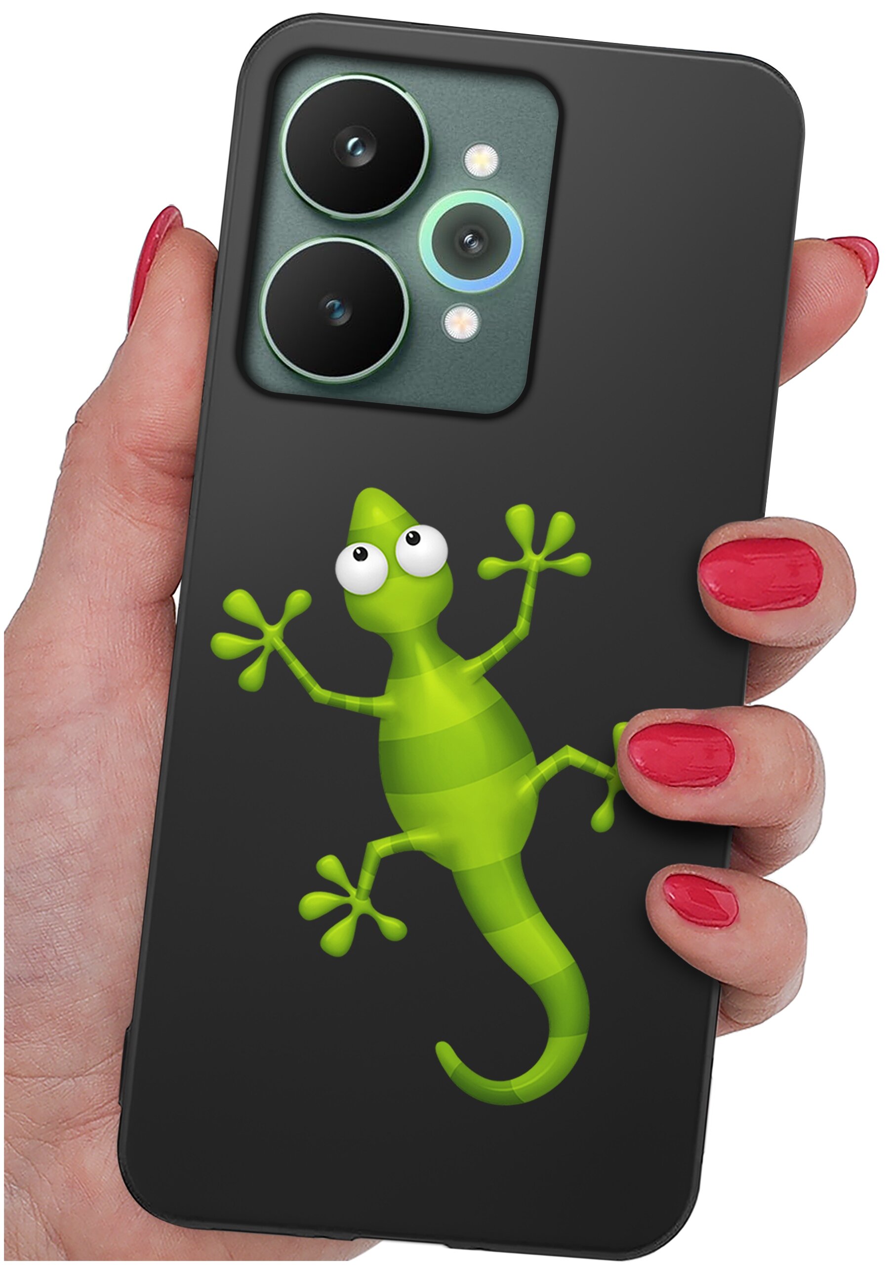 Czarna obudowa telefonu z zielonym rysunkiem jaszczurki. Telefon trzymany jest w dłoni z pomalowanymi na czerwono paznokciami.