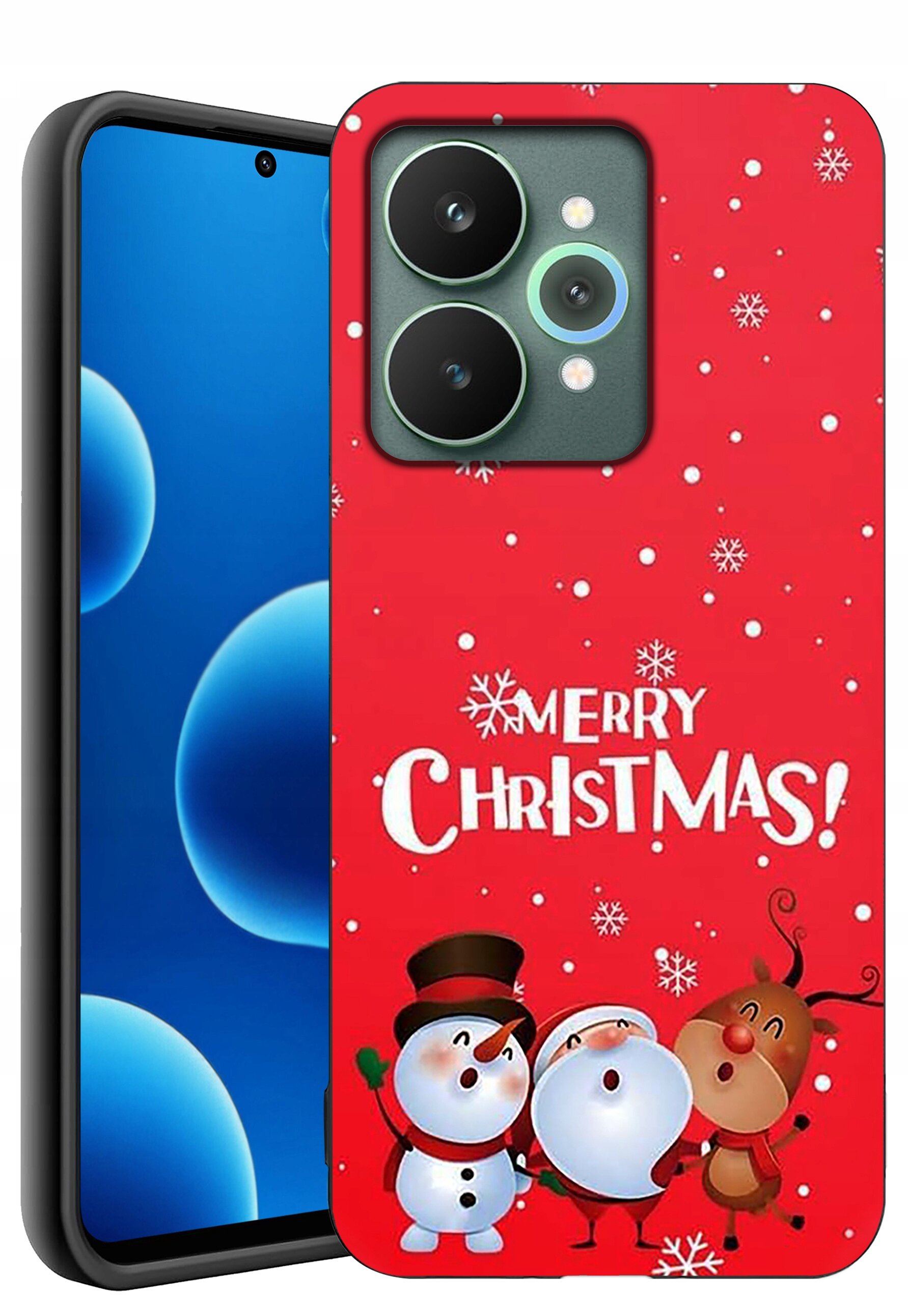 Etui na telefon z czerwonym tłem, ozdobione śnieżynkami i postaciami bałwanków oraz renifera. Na etui widnieje napis \'Merry Christmas!\'.