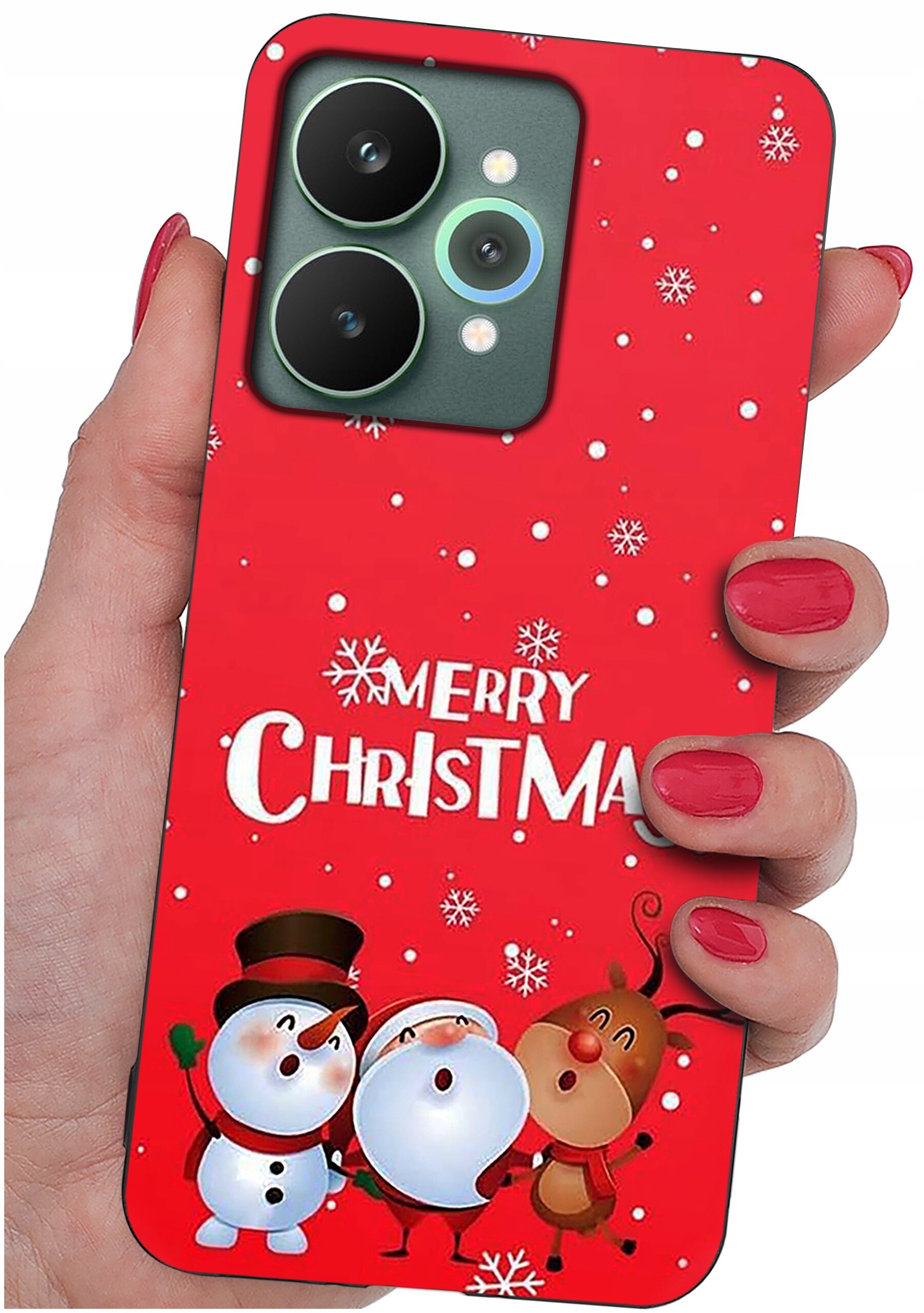 Czerwone etui na telefon z napisem \'Merry Christmas\' oraz grafiką przedstawiającą bałwanka, Mikołaja i renifera. Etui trzymane jest w dłoni z pomalowanymi na czerwono paznokciami.