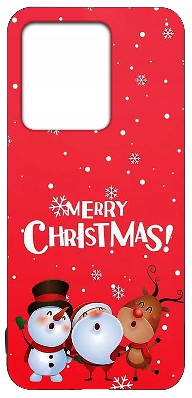 Czerwone etui z napisem \'Merry Christmas!\' ozdobione płatkami śniegu oraz postaciami bałwanka, Mikołaja i renifera.