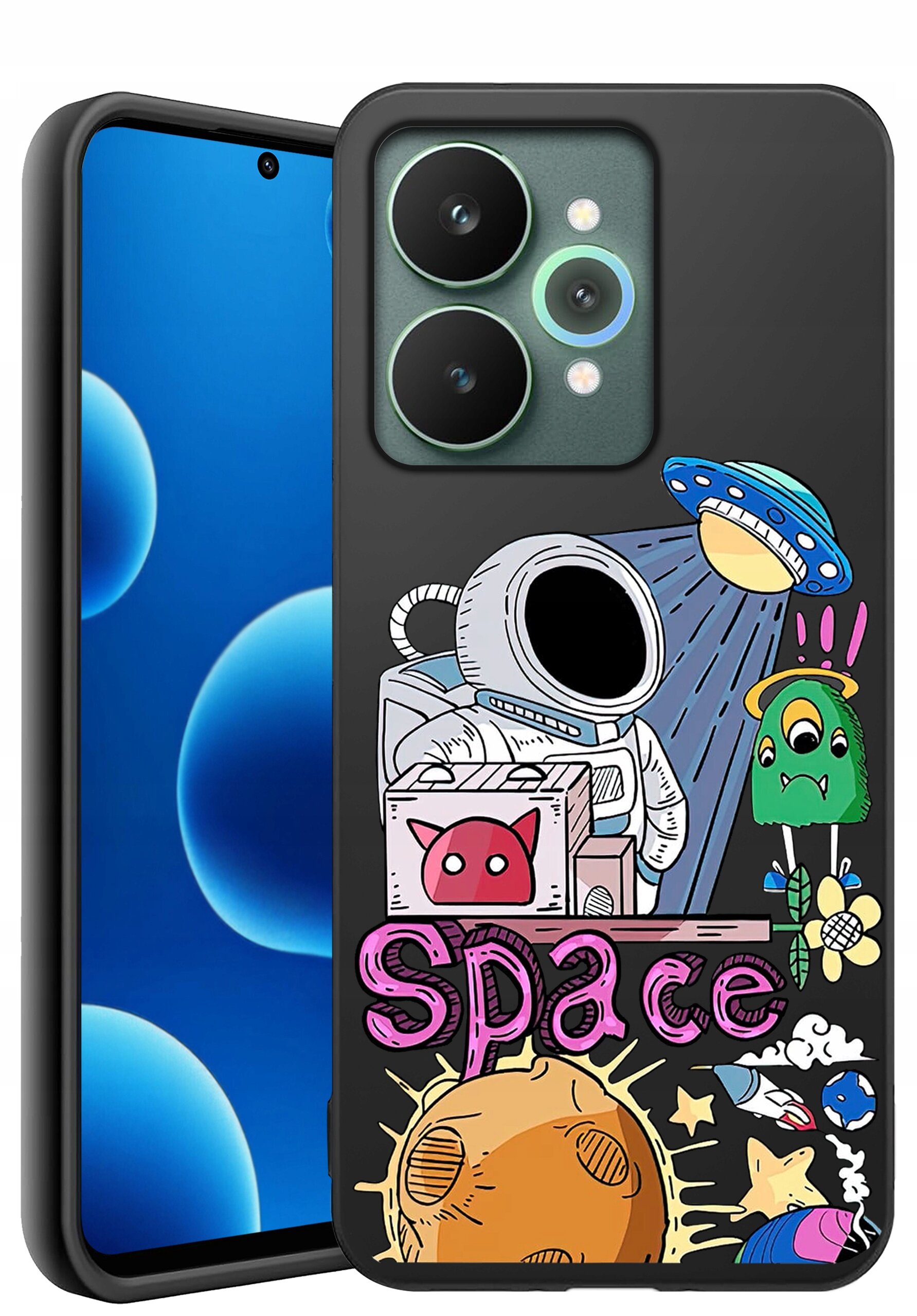 Etui na telefon z kolorowym nadrukiem przedstawiającym astronautę, UFO, planetę i napis \'Space\'.