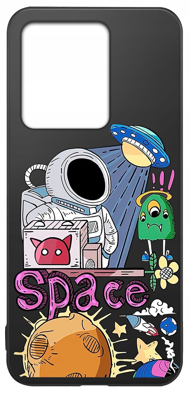 Etui na telefon z kolorowym nadrukiem przedstawiającym astronautę, latający spodek, zielonego stworka i napis \'Space\'.