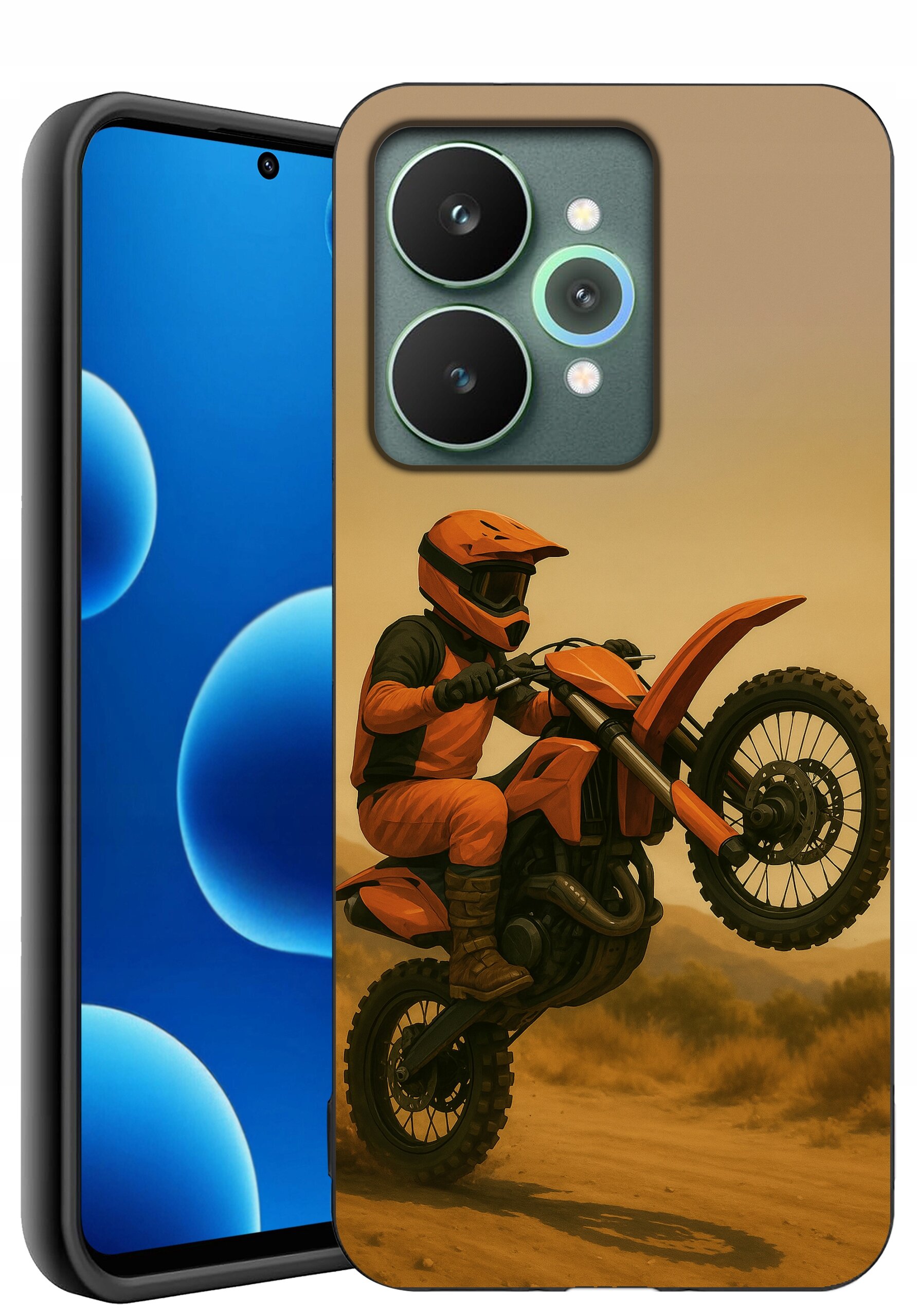 Etui na telefon z grafiką przedstawiającą motocyklistę na pomarańczowym motocyklu w terenie. Obok widoczny jest telefon z niebieskim ekranem i trzema aparatami fotograficznymi.
